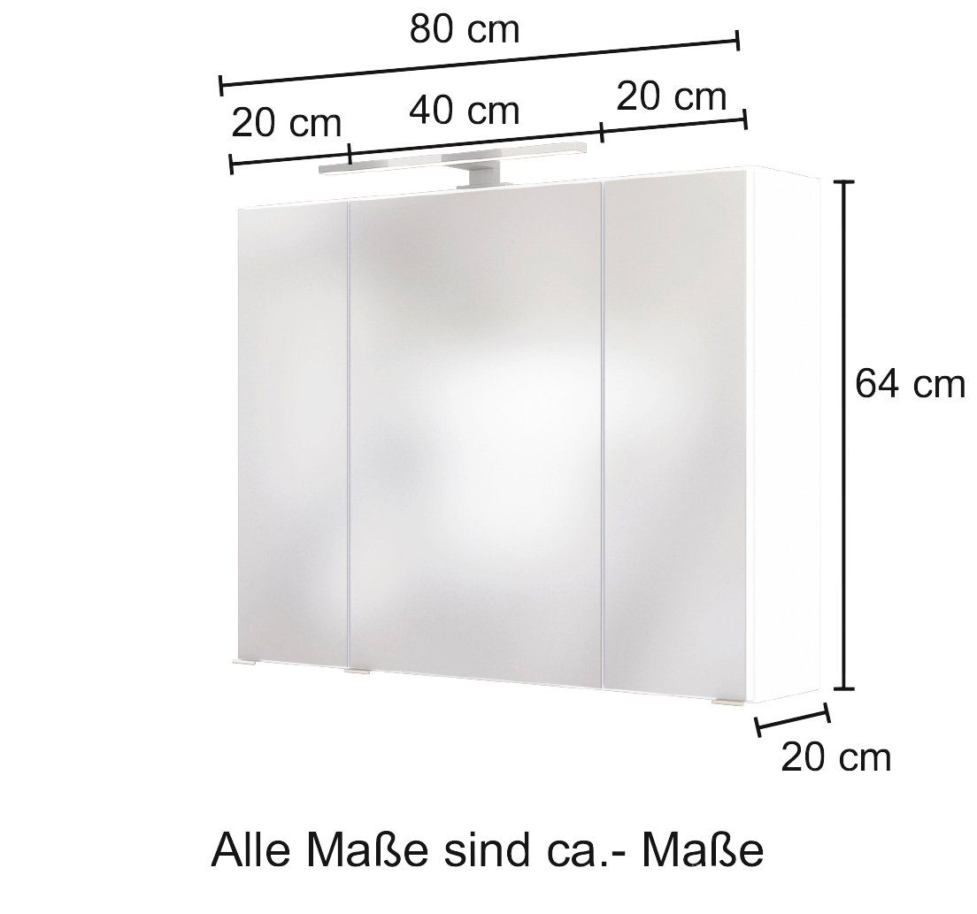 welltime Spiegelschrank Baabe Breite 80 cm, mit 3D-Effekt, dank 3 Spiegeltüren