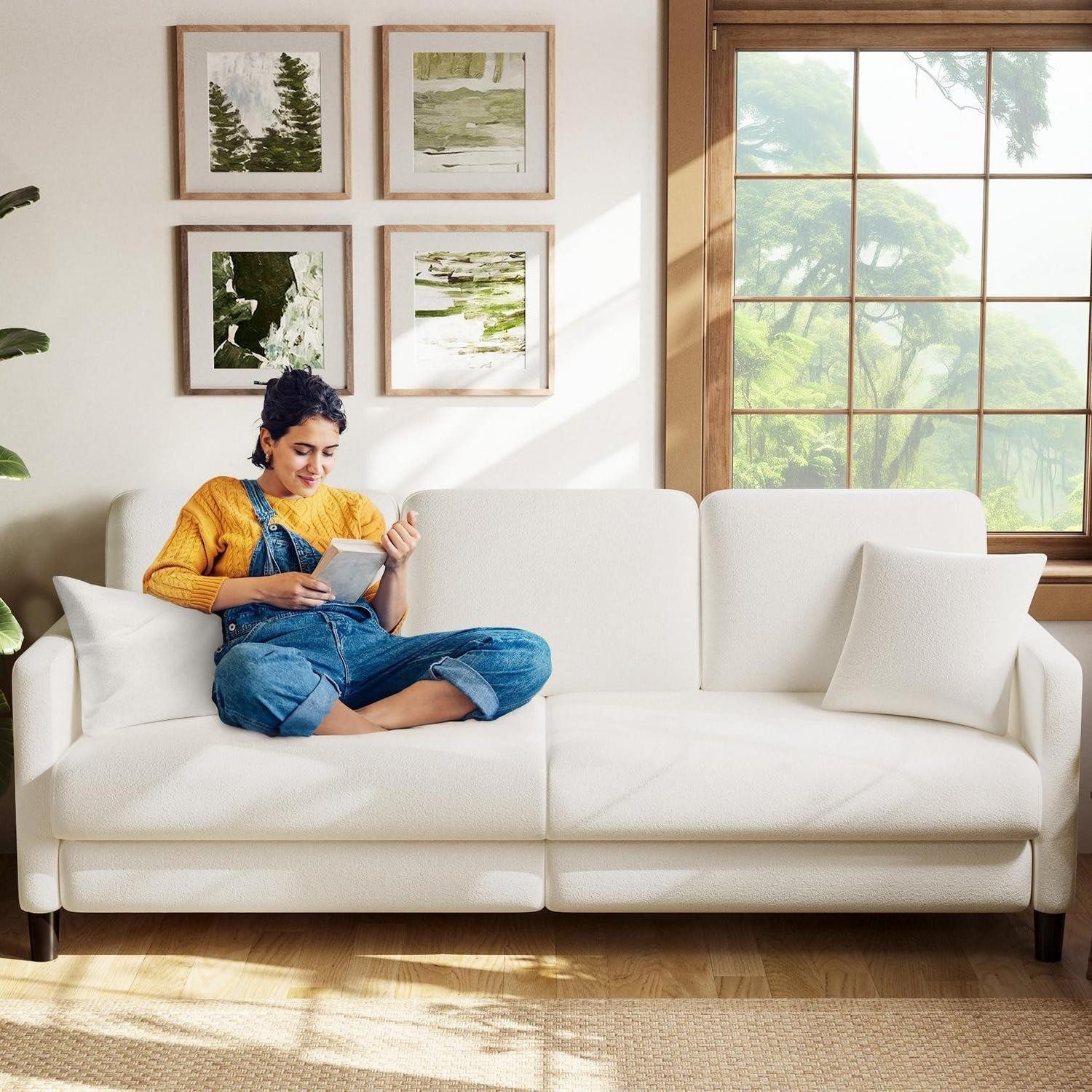 LuxusKollektion 3-Sitzer Sofa 3Sitzer Teddy Fleece Ganzholz Werkzeugfrei Beige Weiß 211cm