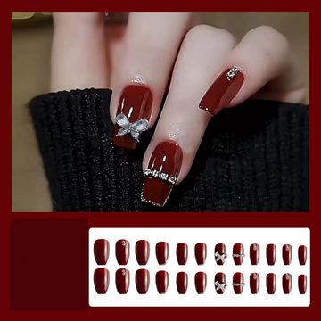 FIDDY Kunstfingernägel 24 Stück Eckig Nägel Zum Aufkleben Mittellange, Rot Künstliche Nägel, 1-tlg.