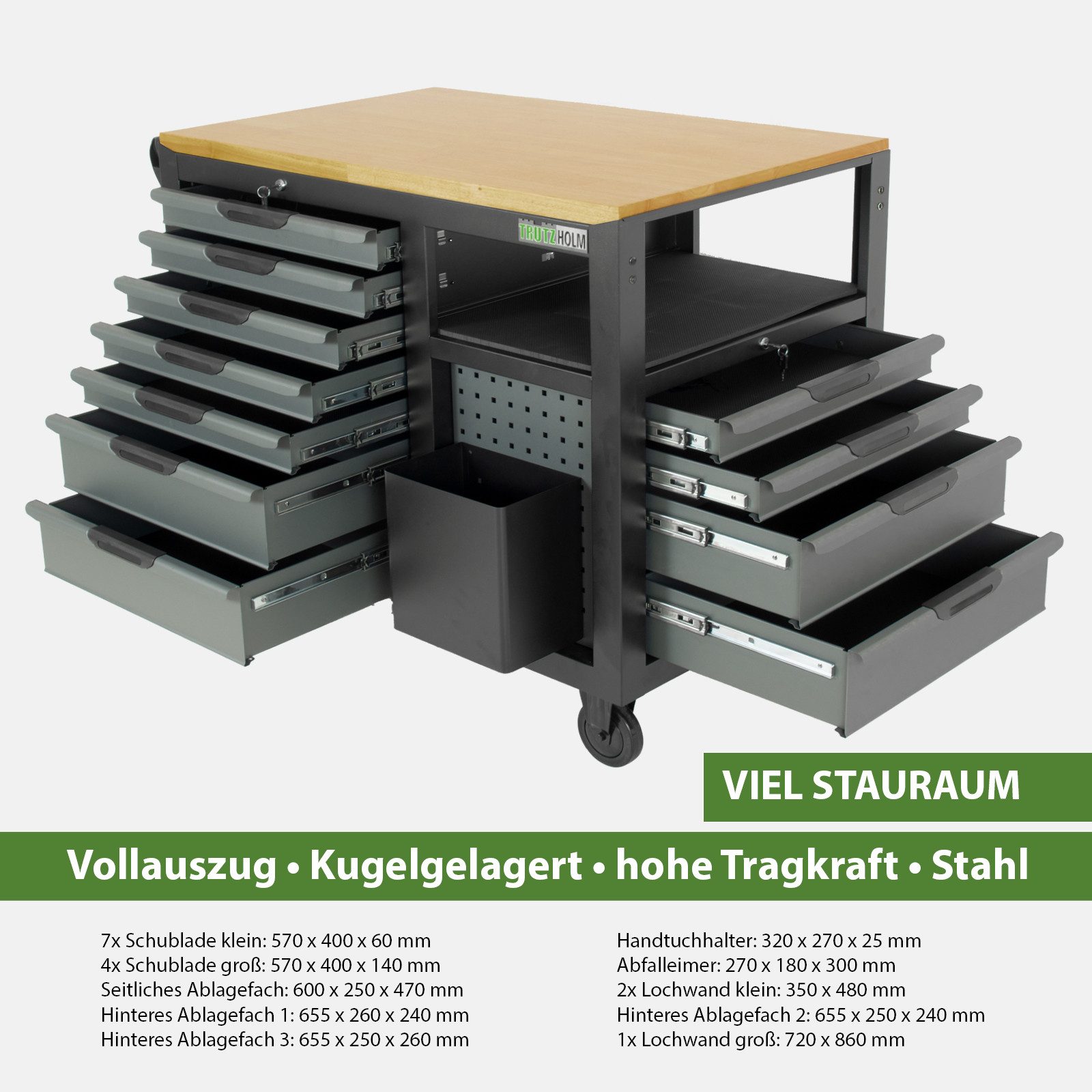 TRUTZHOLM Werkstattwagen Werkstattwagen Jumbo XXL 11 Schubladen 4 Ablagefächer unbestückt, XXL Jumbo, abschließbar,leer,Arbeitshöhe ca. 1 Meter