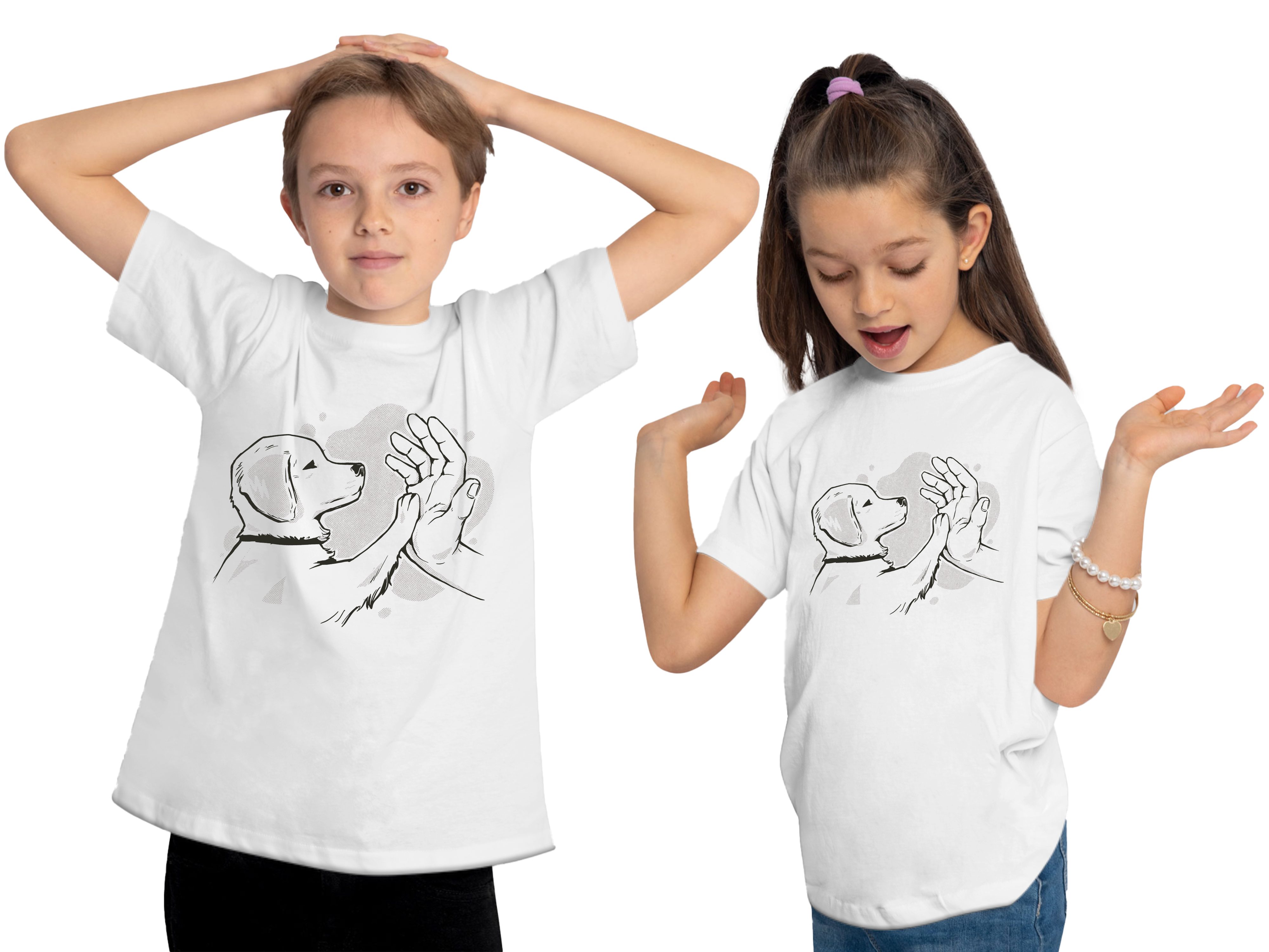 MyDesign24 Print-Shirt mit gibt Aufdruck, der T-Shirt Labrador weiss Baumwollshirt bedruckt Hunde Welpe Pfötchen i241 - Kinder