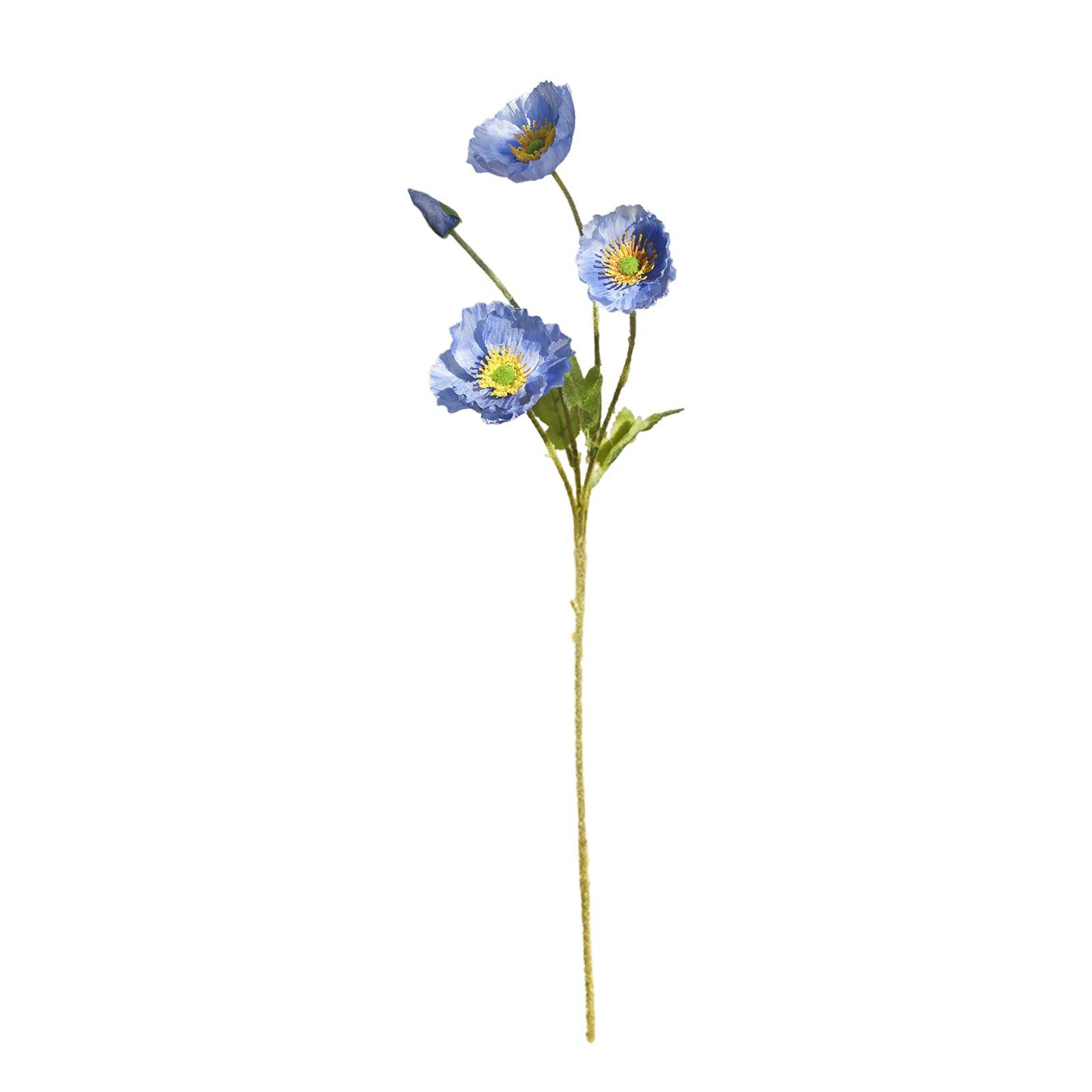 Kunstzweig Künstlicher Mohnblumen-Zweigmit 4 Blütenköpfen Beflockung Kunststoff, SEEZSSA, künstliche Pflanzen MohnSeidenblumen Für Haus Blumenschmuck,60cm lang Blau