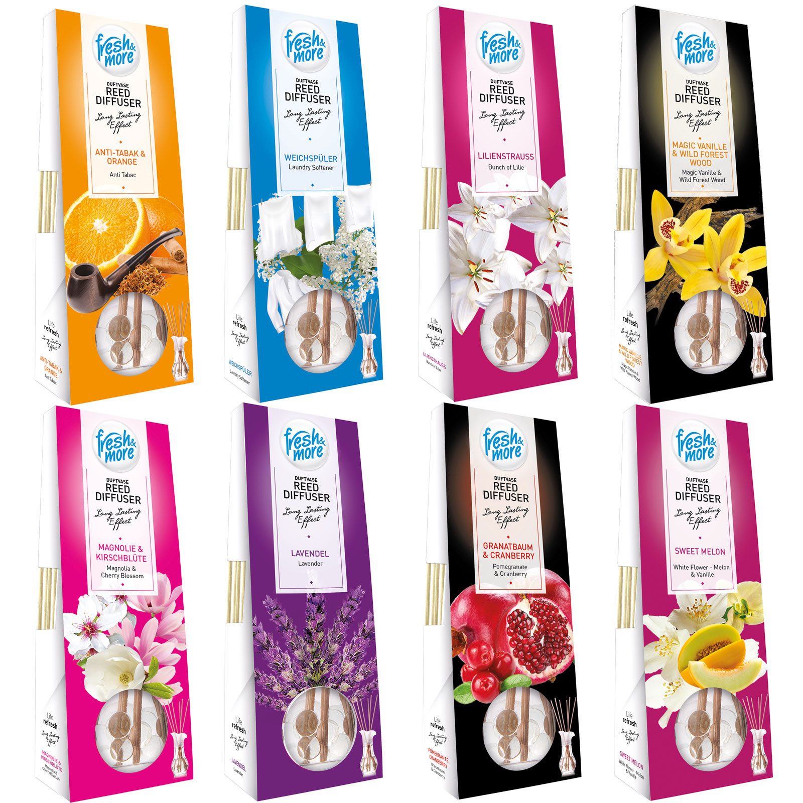 fresh & more Duftstäbchen Duftvase Mix (Set, 6-St., 6er Pack je 35ml), 6er Zufalls Mix aus 8 möglichen Duftvarianten