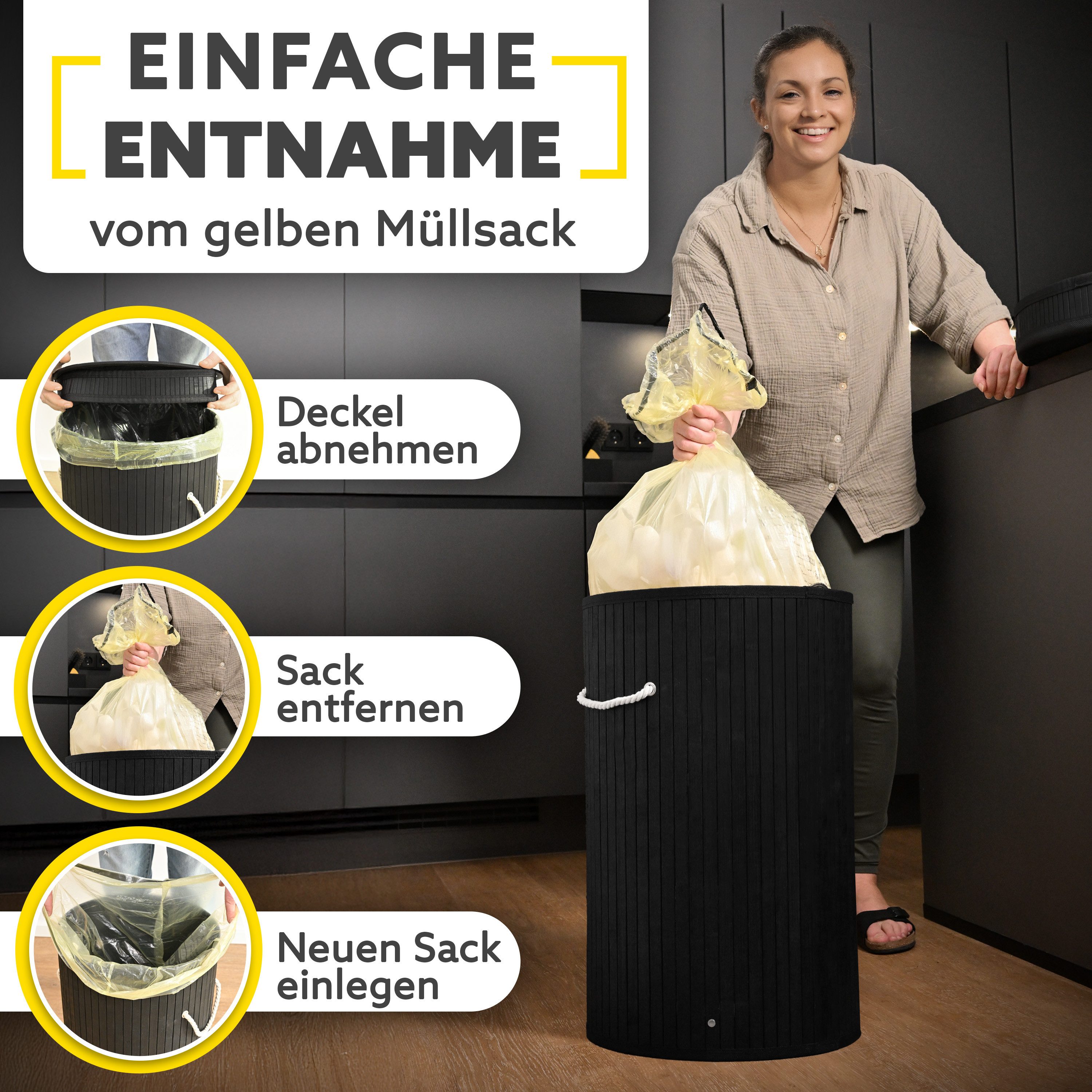 HANDFILL Flaschensammler Wäschekorb, Pfandflaschensammler & für Gelbe Säcke Rund Bambus 55L (Mehrzweck Bambusständer Set für Gelbe Säcke, Pfandflaschen & Wäsche, Bambus Pfandflaschen- & Wäschesack-Ständer Set für Zuhause), Vielseitiger Bambus Pfandflaschensammler & Wäschekorb für Gelbe Säcke