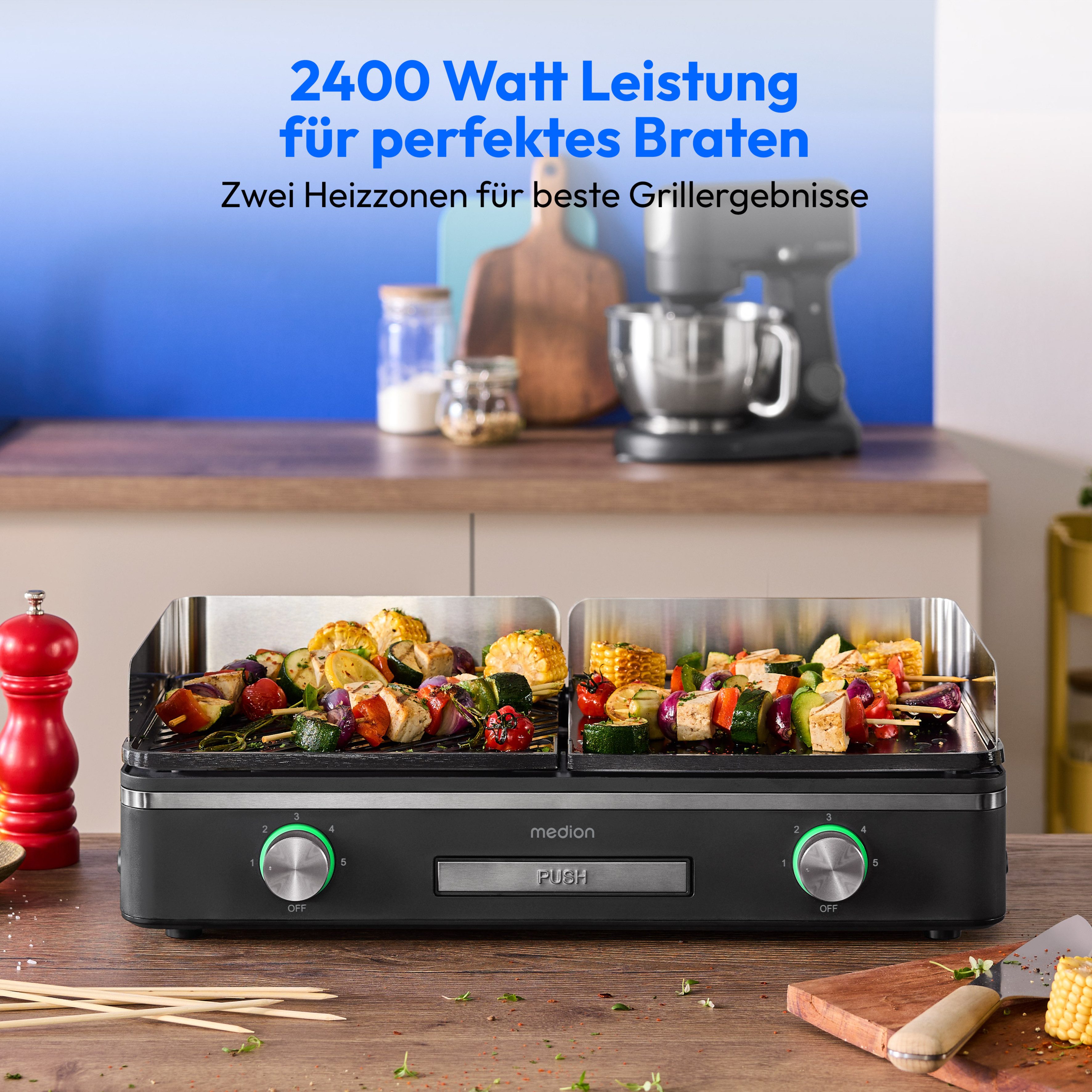 Medion® Tischgrill MD12027, mit Dual-Zonen-System, 2,400 Watt, 2 abnehmbare Platten, 2400 W, bis max. 240 °C, PFAS Frei, LED-Statusanzeige, IPX4-Schutz