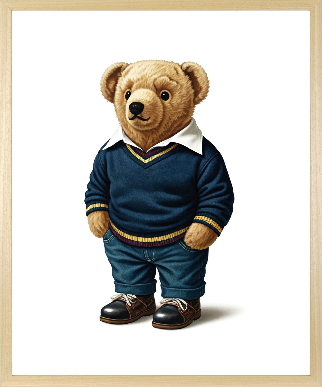 queence Bild mit Rahmen Vintage Polo Teddy Bär in Pullover und Hemd, Bär, Bären, Fashion, Figuren, Mode, Modebilder, HD Premium Poster-Druck inkl. Echtholzrahmen in beige