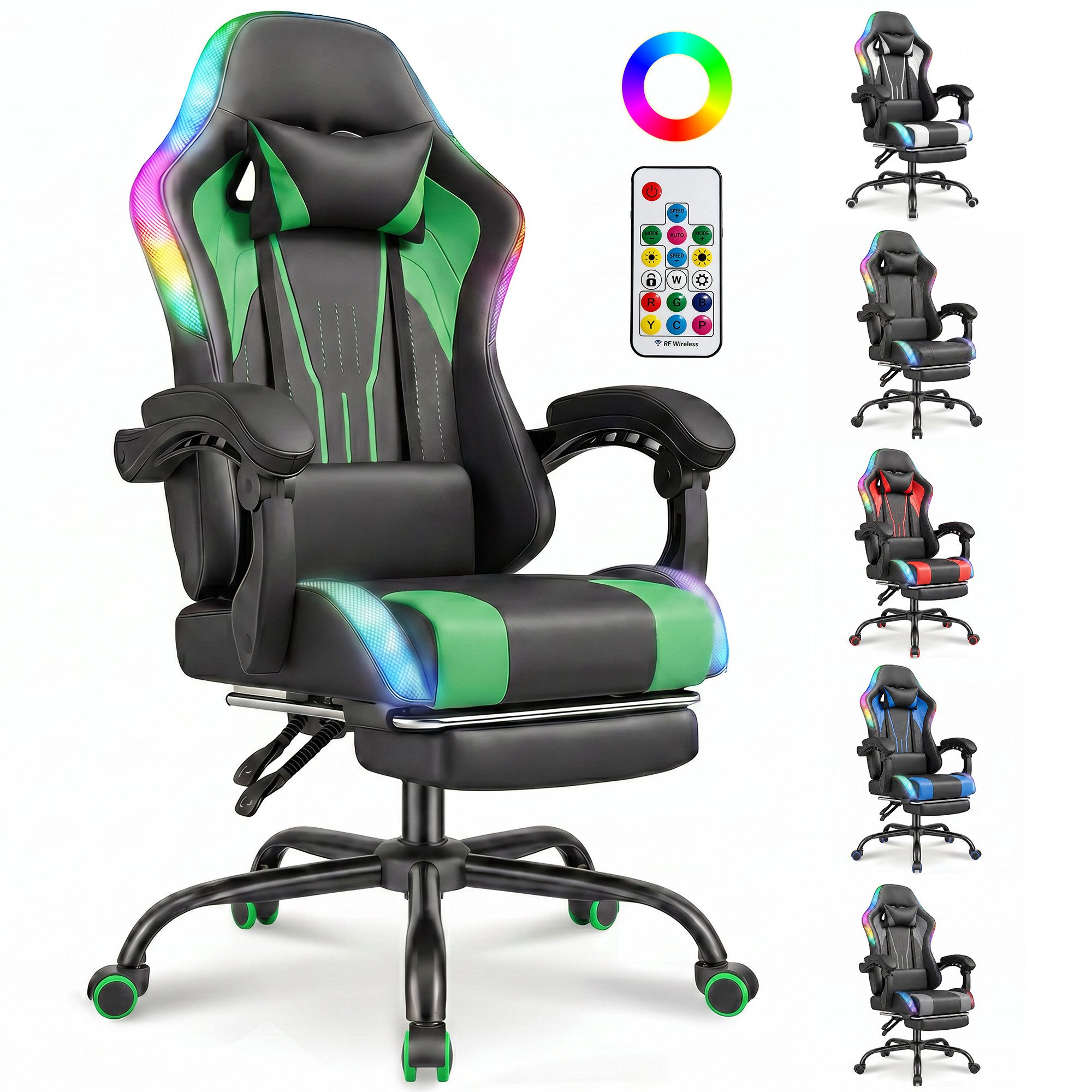 HOMALL Gaming-Stuhl mit LED,Ergonomisch,Fußstütze,computerstuhl,gaming stuhl mit massage, Ergonomischer Bürostuhl,Kopfstütze und Lendenstütze