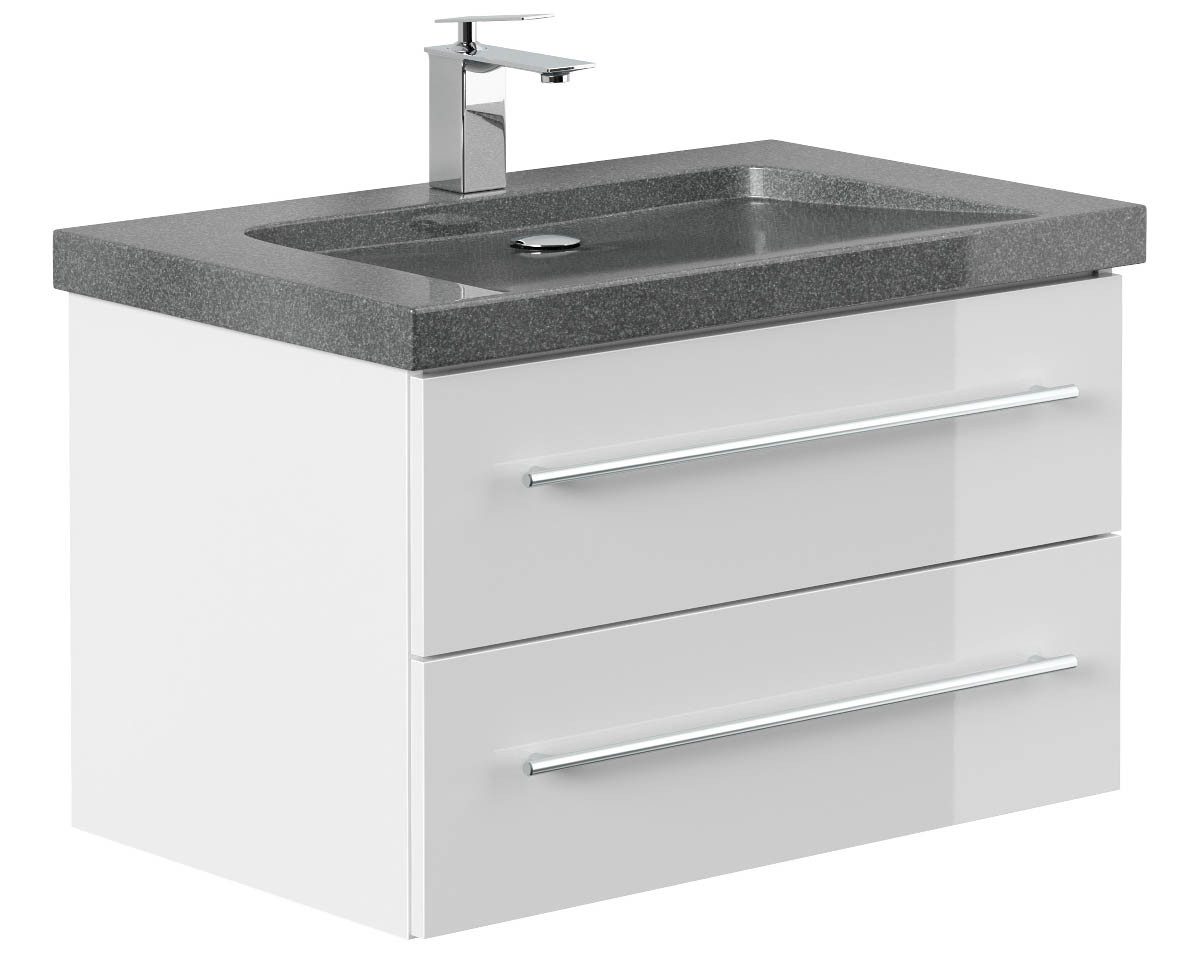 Posseik Waschtisch-Set Badmöbel Waschtisch NATURE 75cm, Granit-Waschbecken, weiß hochglanz, (Badmöbel Set, 1-St., Waschtisch Set)