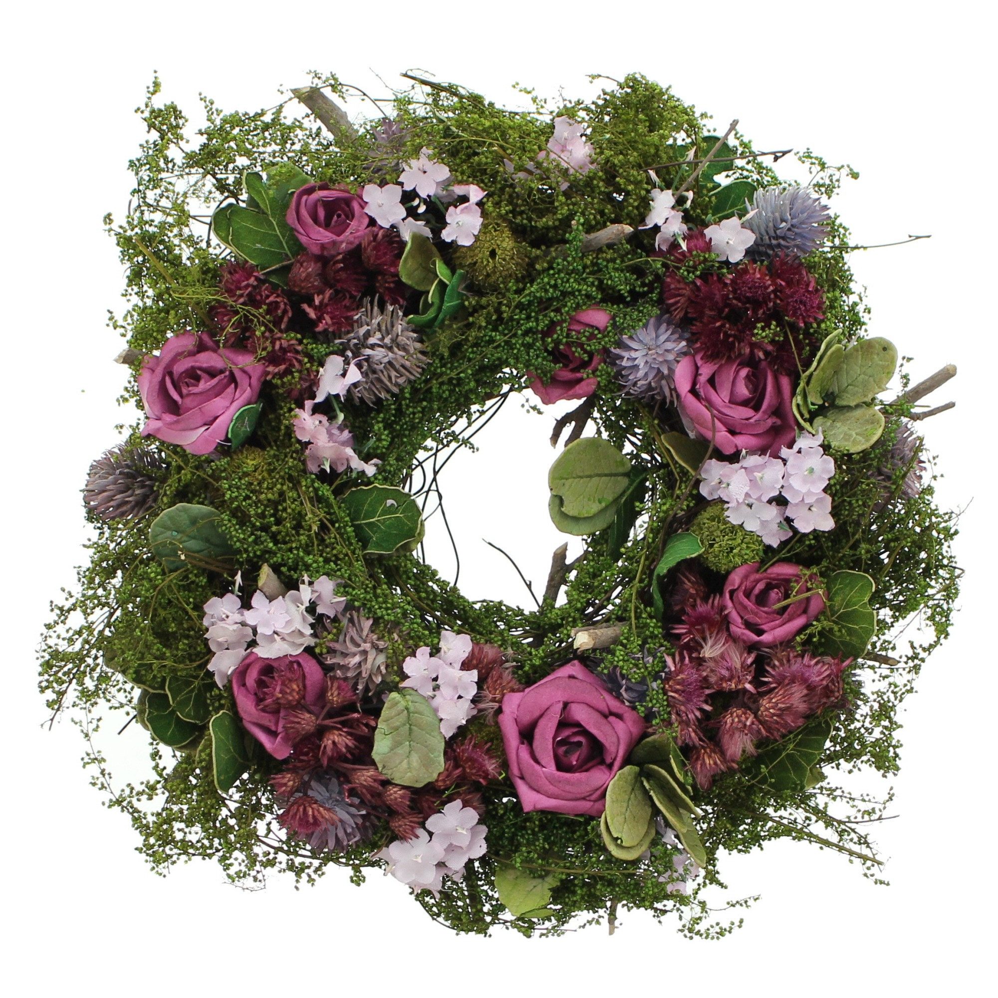 Dekoleidenschaft Dekokranz "Lila Rose" aus Naturmaterialien & Textilblüten, Tischkranz, Wandkranz, Ø 21 cm, Hochzeitsdeko, Blumenkranz, Blütenkranz