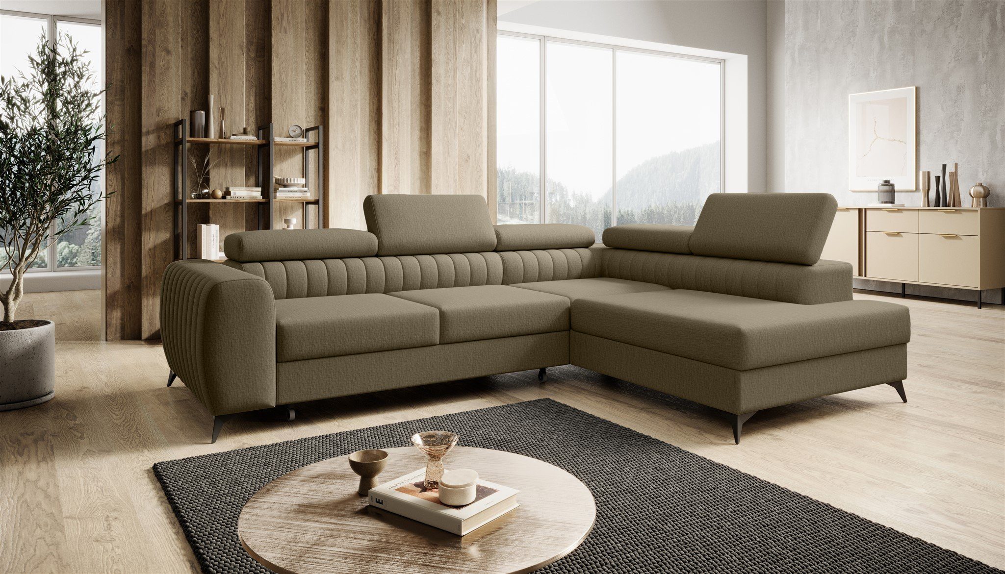 Fun Möbel Ecksofa Schlafsofa Sofa FARGO in Stoff Vogue Ottomane Rechts oder Links, einstellbare Kopfstützen, Mit Schlaffunktion und Bettkasten, frei im Raum stellbar