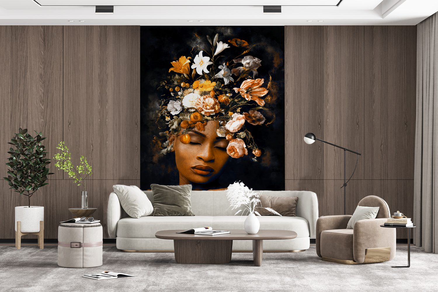 bedruckt, Fototapete Blumen Wohnzimmer, (3 St), Gold, - Wandtapete für Montagefertig - Tapete Frau Vinyl MuchoWow Matt,