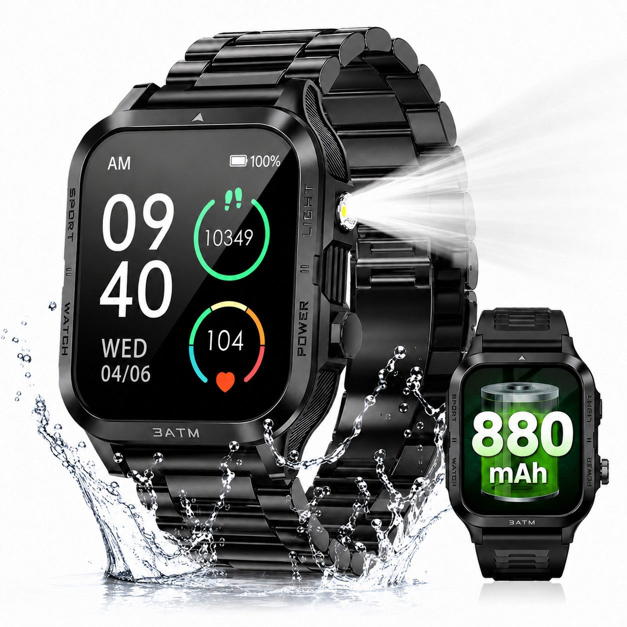 Fyrove Herren Smartwatch Outdoor 1,96 Zoll mit Telefonfunktion Smartwatch (4,98 cm), Bluetooth Anrufe, LED Taschenlampe, 880 mAh Akku, 3ATM wasserdicht, Fitnessuhr für Android und iOS