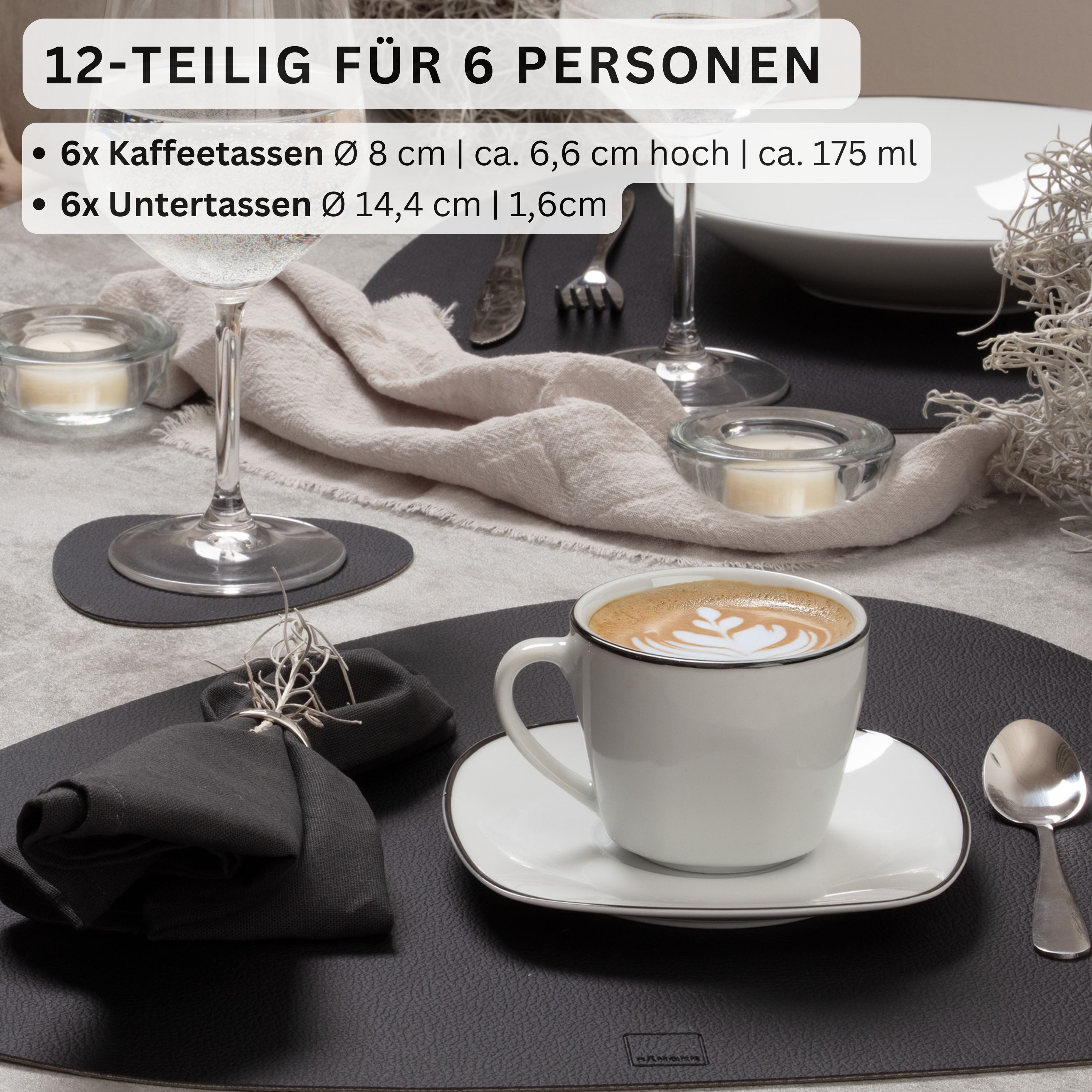 SÄNGER Kaffeeservice Bilgola Black Rim Tassen Set (12-tlg), 6 Personen, Porzellan, 150ml, ⌀8x8cm, spülmaschinengeeignet, Premium Collection