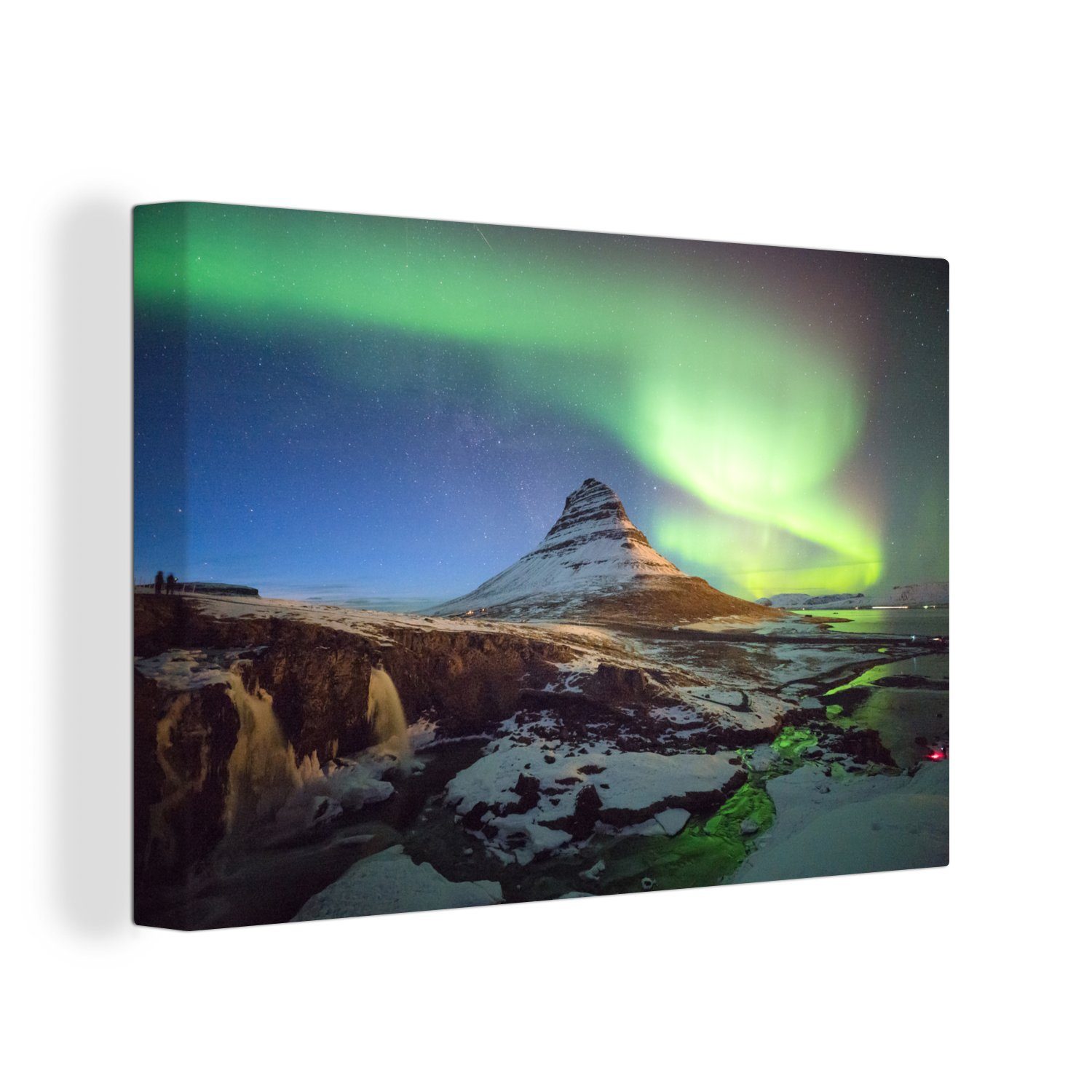 OneMillionCanvasses® Leinwandbild Polarlicht über dem Berg Kirkjufell bei Snaefellsnes in Europa, (1 St), Wandbild Leinwandbilder, Aufhängefertig, Wanddeko, 30x20 cm | Leinwandbilder