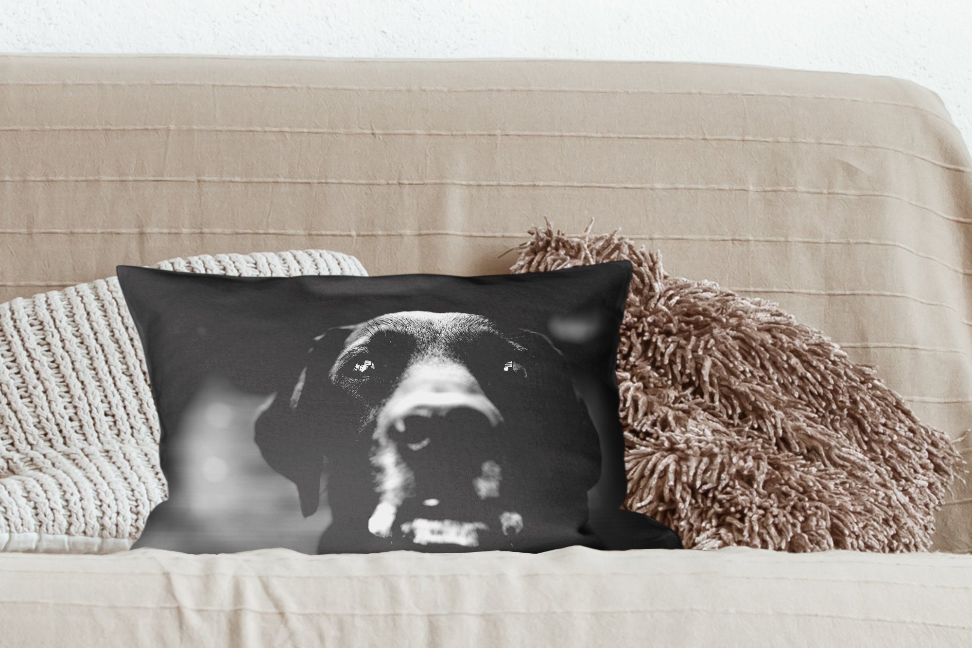 MuchoWow Dekokissen Tierprofil Labrador Füllung, Schlafzimmer schwarz Dekokissen in Wohzimmer Dekoration, weiß, Hund mit Zierkissen, und