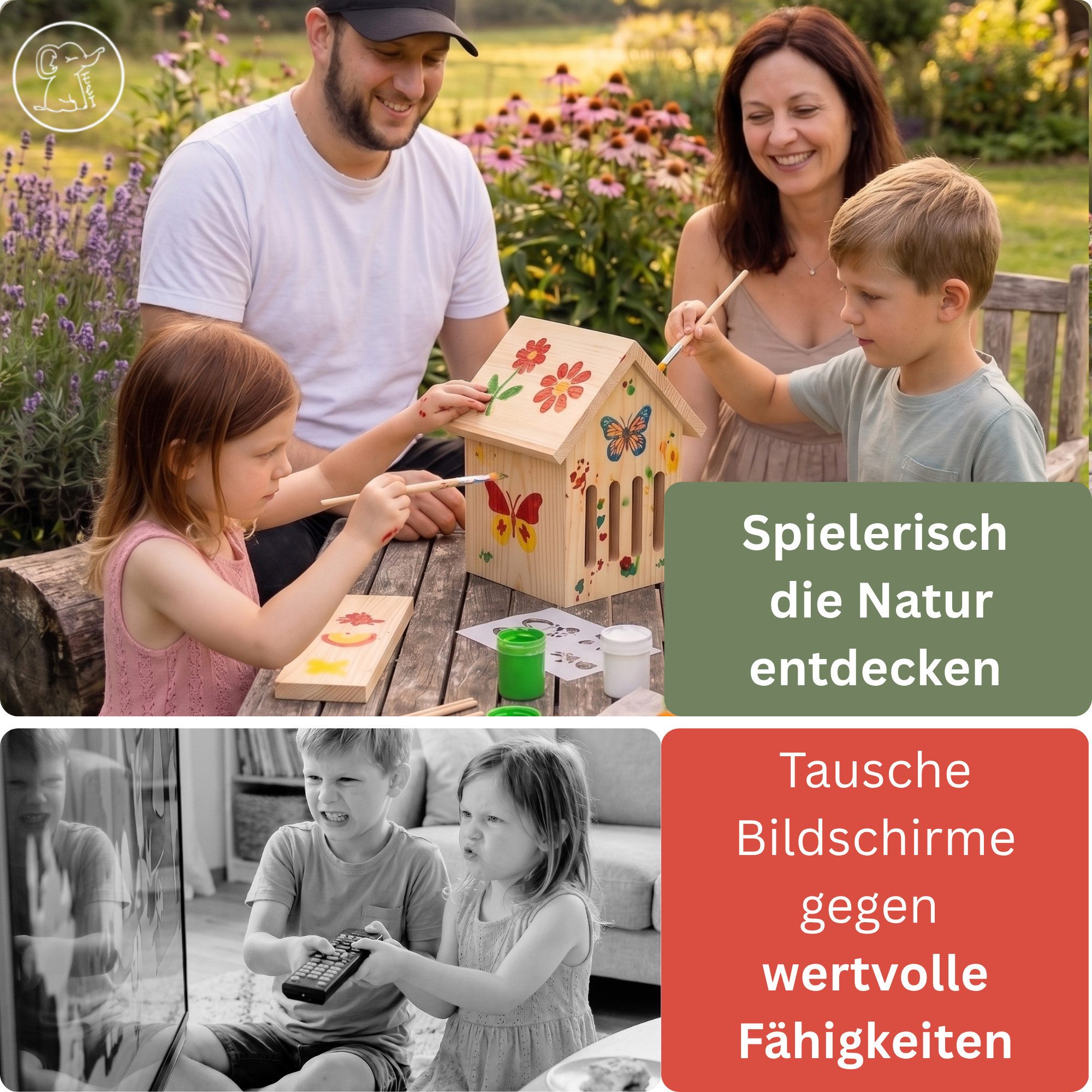 Eli Insektenhotel Schmetterlingshaus Bausatz für Kinder aus Kiefernholz zum Bemalen, (inkl. 6 Farben - Pinsel - Hammer - Nägel, Schablonen & Vorlagen und Füllmaterial), DIY Schmetterlingshotel für Garten & Balkon