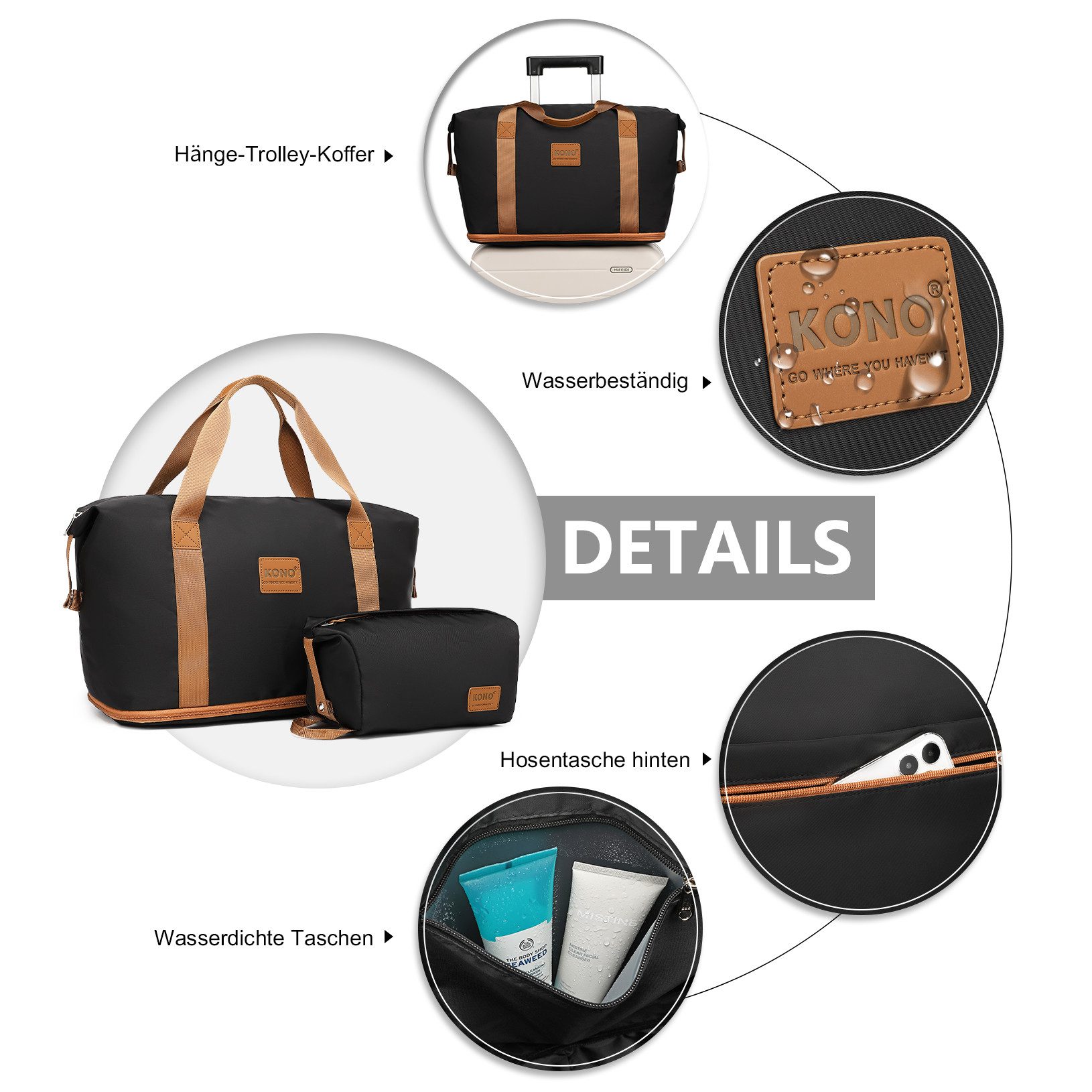 KONO Reisetasche 2-in-1 Set: Erweiterbare Handgepäck-Tasche (36L) + Kosmetiktasche, Praktisches und leichtes Design