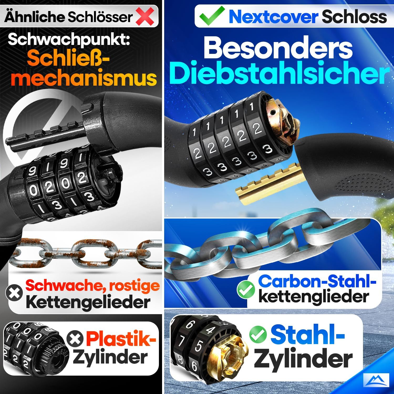 Nextcover Kettenschloss Fahrradschloss mit Zahlencode - Sicherheitsverschluss – Bild 4 von 5