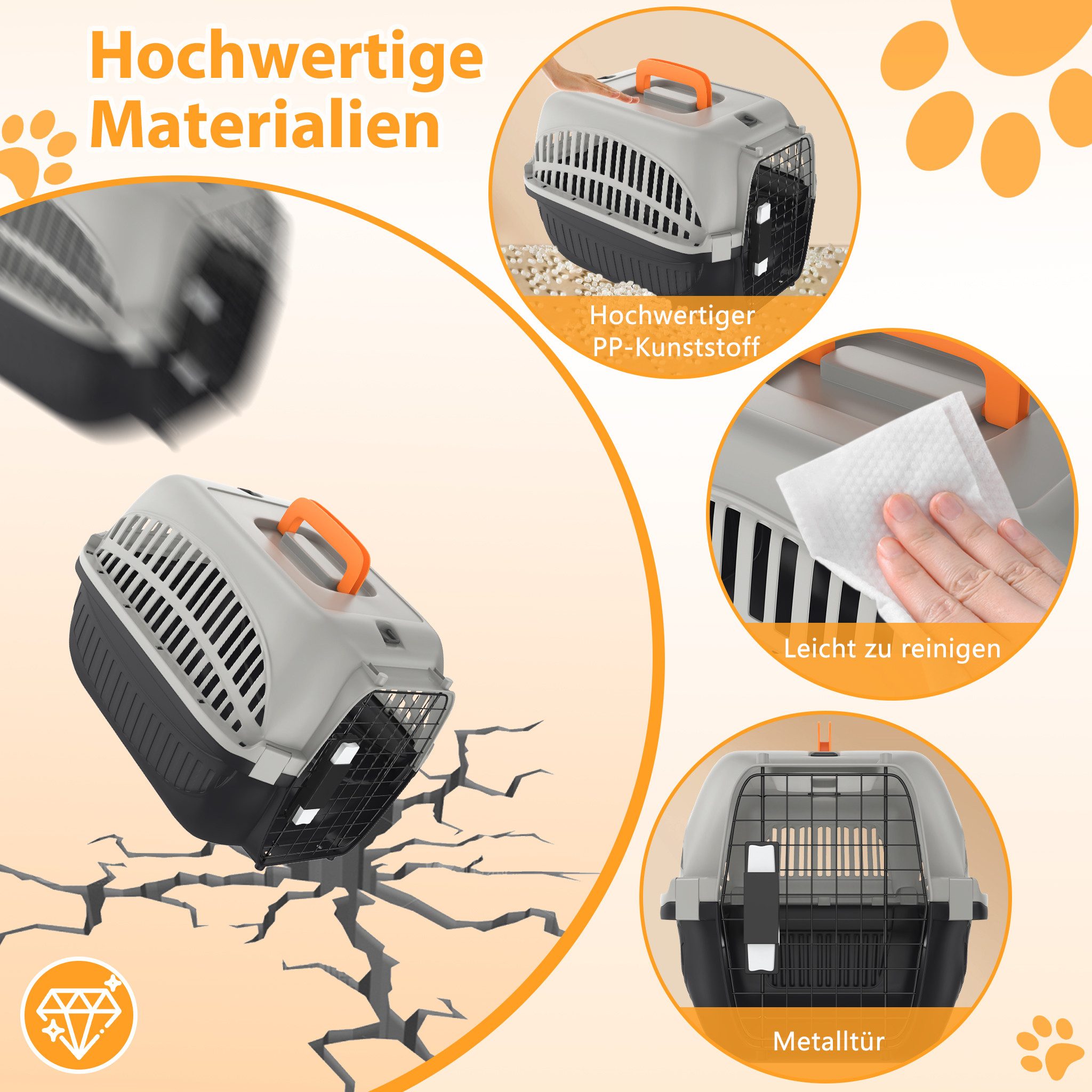 FIVMEN Tiertransportbox Hundetransportbox Transportbox aus Kunststoff mit Metallgitter, für kleine Hunde und Katzen, 48 x 32 x 32cm
