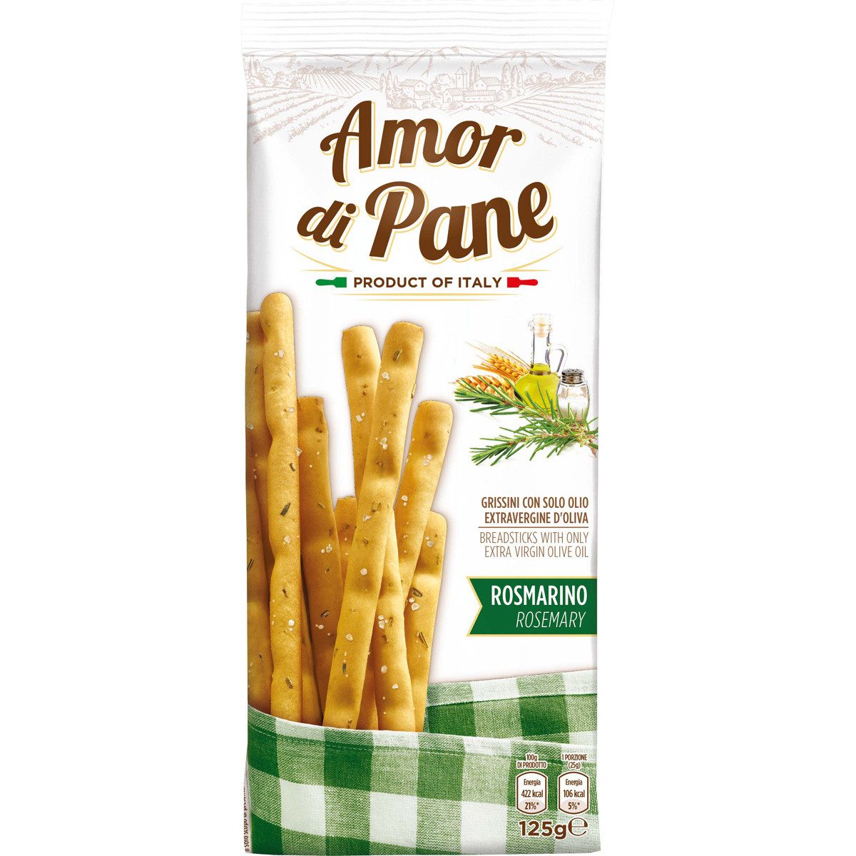 Amor di Pane Knabberei, Amor di Pane knusprige Grissini mit Olivenöl und Rosmarin 125g