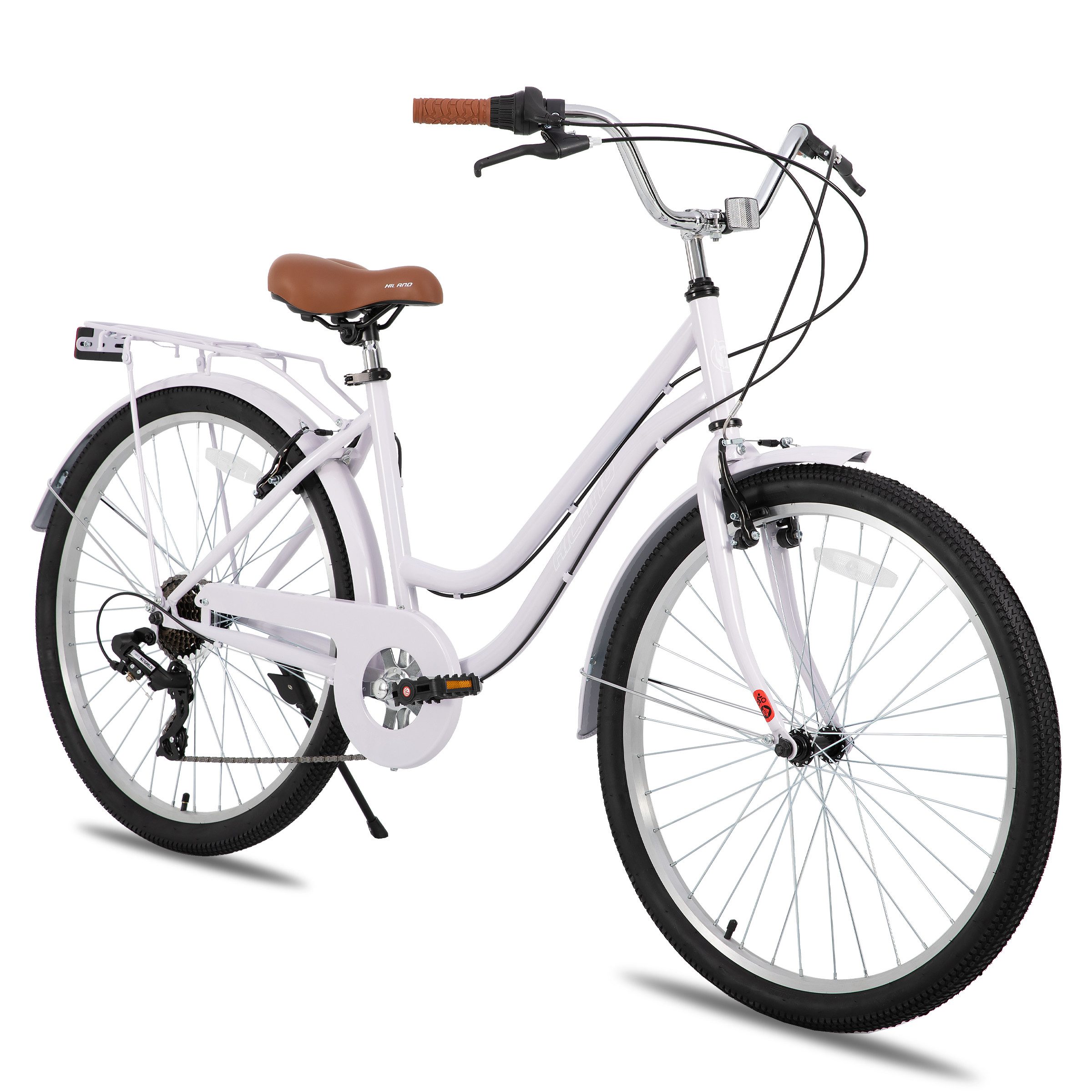 HILAND Cityrad Unisex Citybike 26", 7-Gang, V-Bremse, passend für 165–182cm, Step-Through Rahmen mit Gepäckträger und Korb,7 Gang