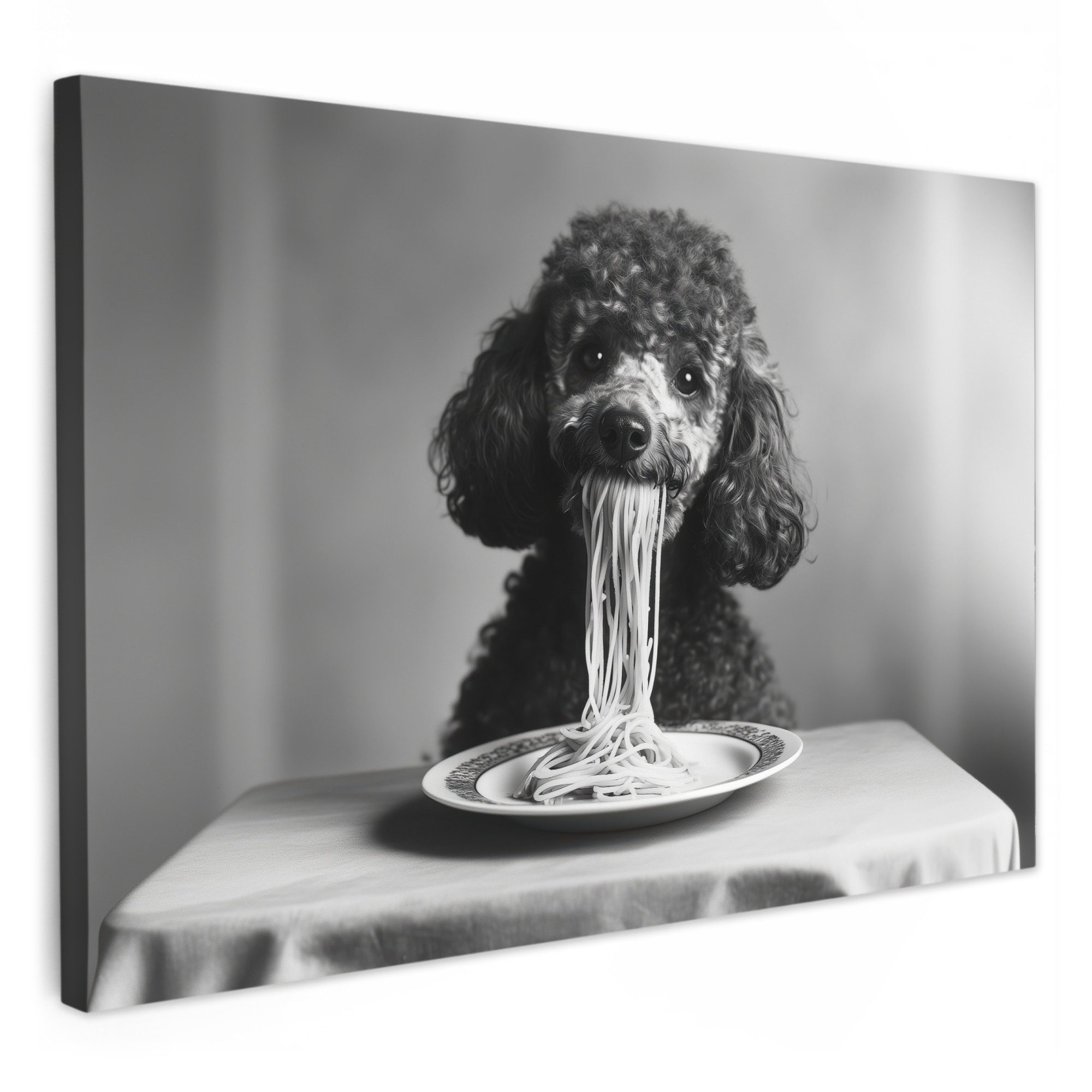 OneMillionCanvasses® Leinwandbild Pudel - Hund - Schwarz - Weiß - Niedlich - Nudeln, Fotodruck (1 St), Küchenbilder Modern, Deko Bilder für die Küche 30x20 cm