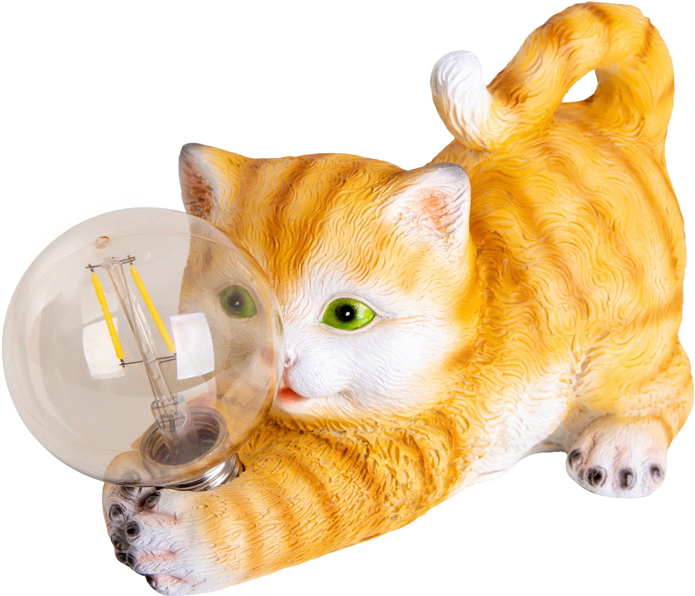 näve LED Solarleuchte Katze, LED fest integriert, Warmweiß, süße gestreifte Katze mit beleuchteter Kugel und warmweißem Licht