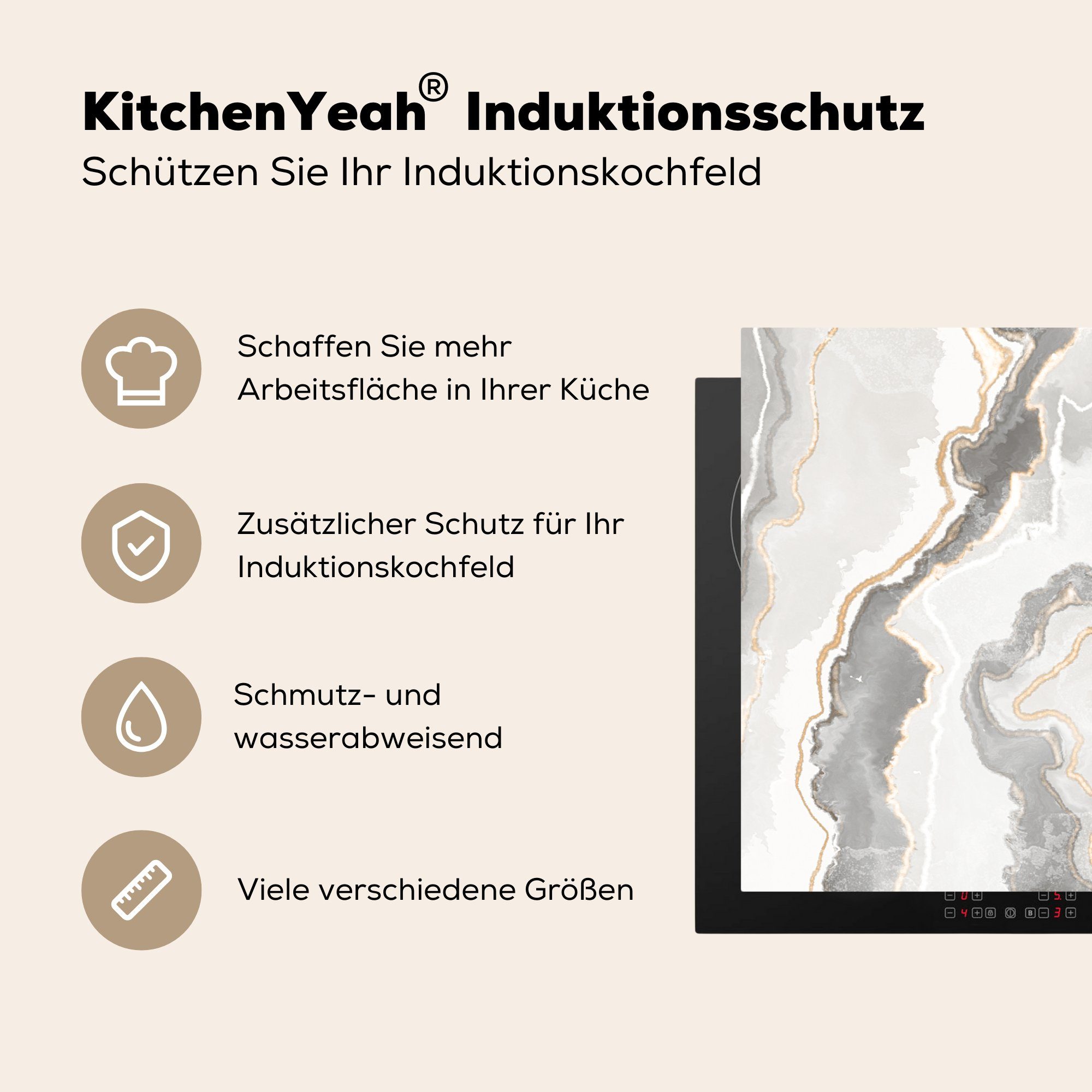 küche, - Induktionskochfeld cm, Braun 81x52 - MuchoWow (1 Marmor die tlg), Weiß, Schutz Ceranfeldabdeckung für Herdblende-/Abdeckplatte Vinyl,