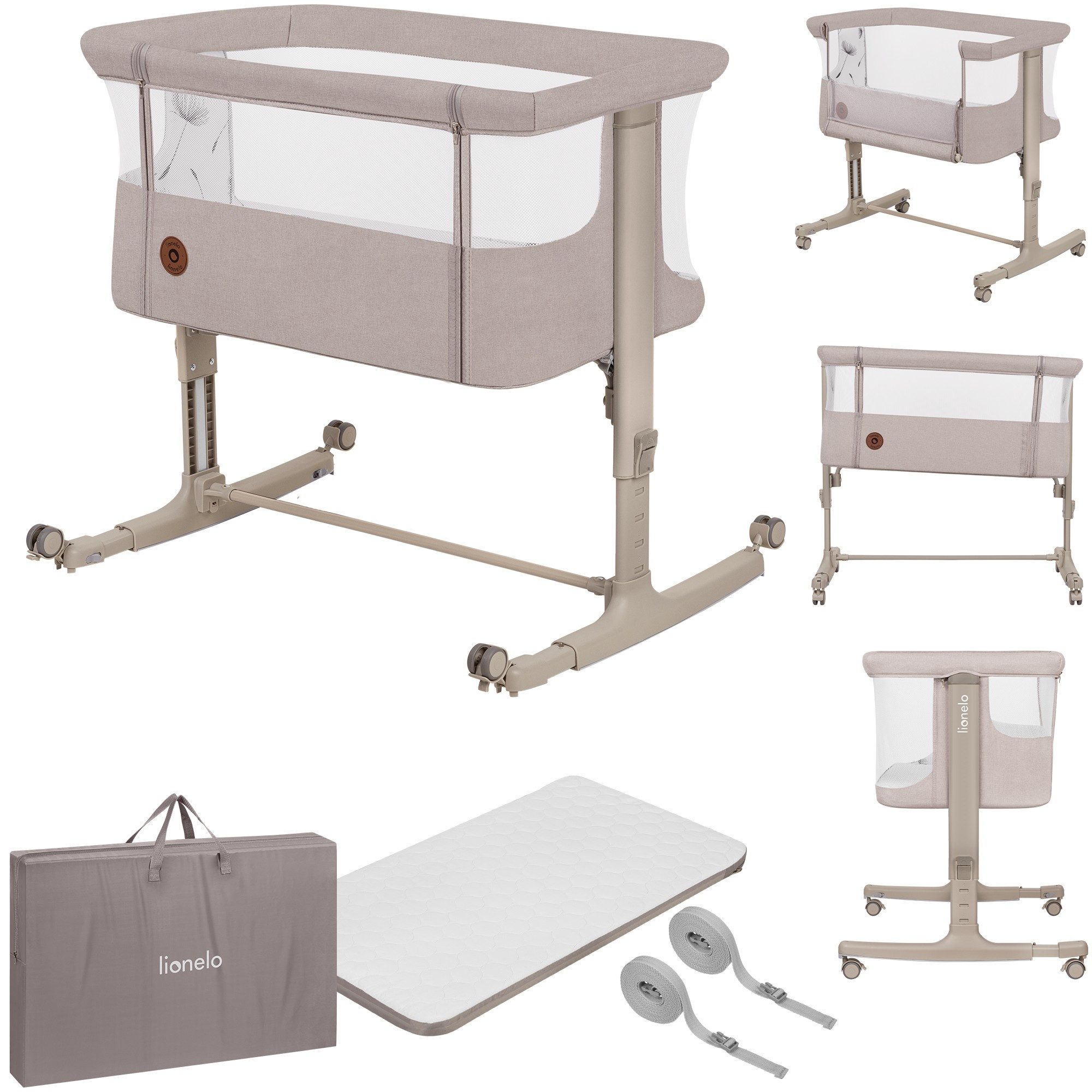 lionelo Baby-Reisebett AURORA, 3-in-1: Beistellbett, Babywiege, freistehendes Babybett