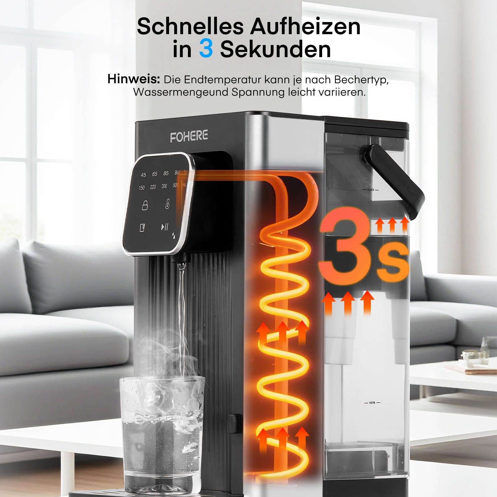 FOHERE Wasserkocher Heißwasserspender 2600W, mit Abnehmbaren 2.5L, 2.5 l, 2600 W, Instant heißes Wasser 45-100°C – Bild 5 von 5