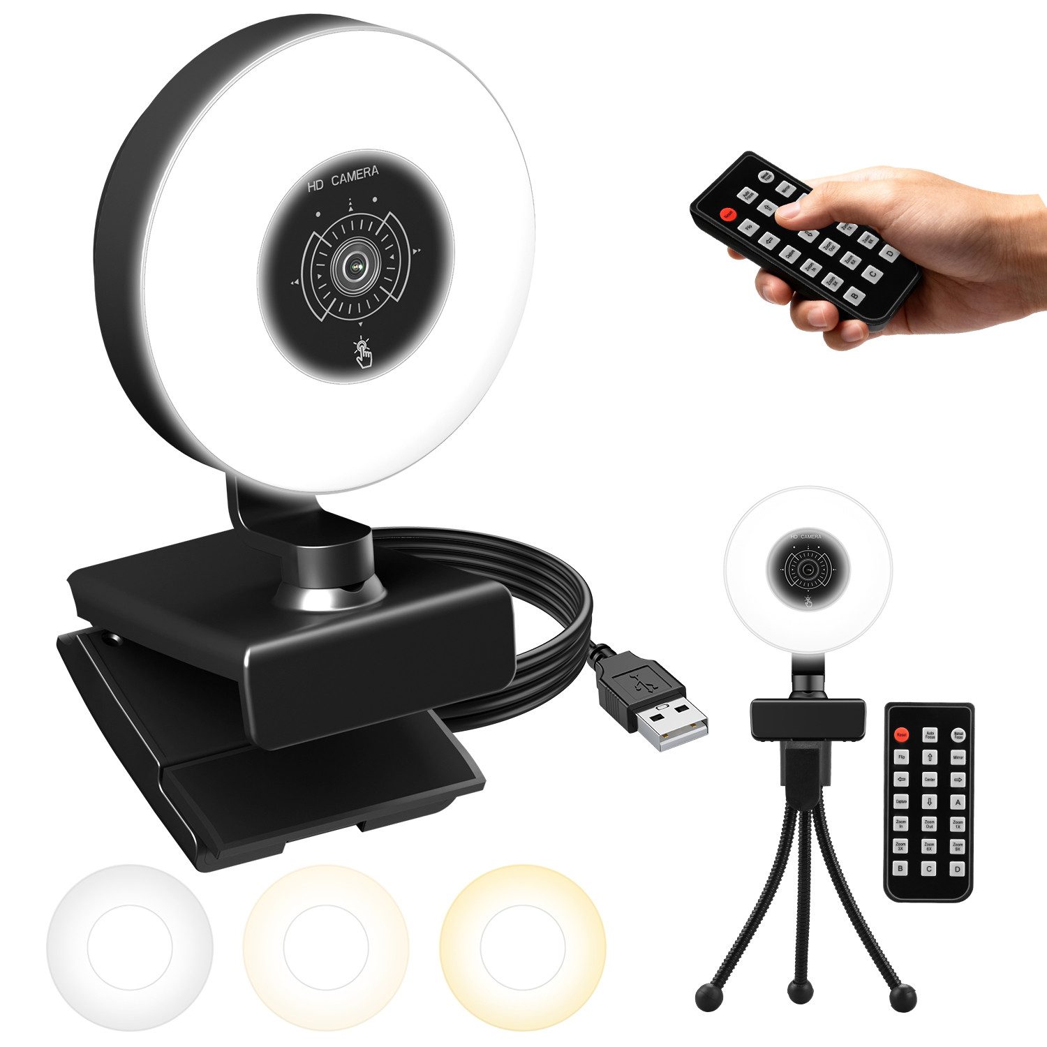 HS Onsing 4K Webcam mit Ringlicht PC Kamera Streaming Kamera 1080P 30FPS Webcam (4K Ultra HD, 9x opt. Zoom, Autofokus 3 Lichtsmodi stufenlose Einstellung mit Mikrofon Stativ)