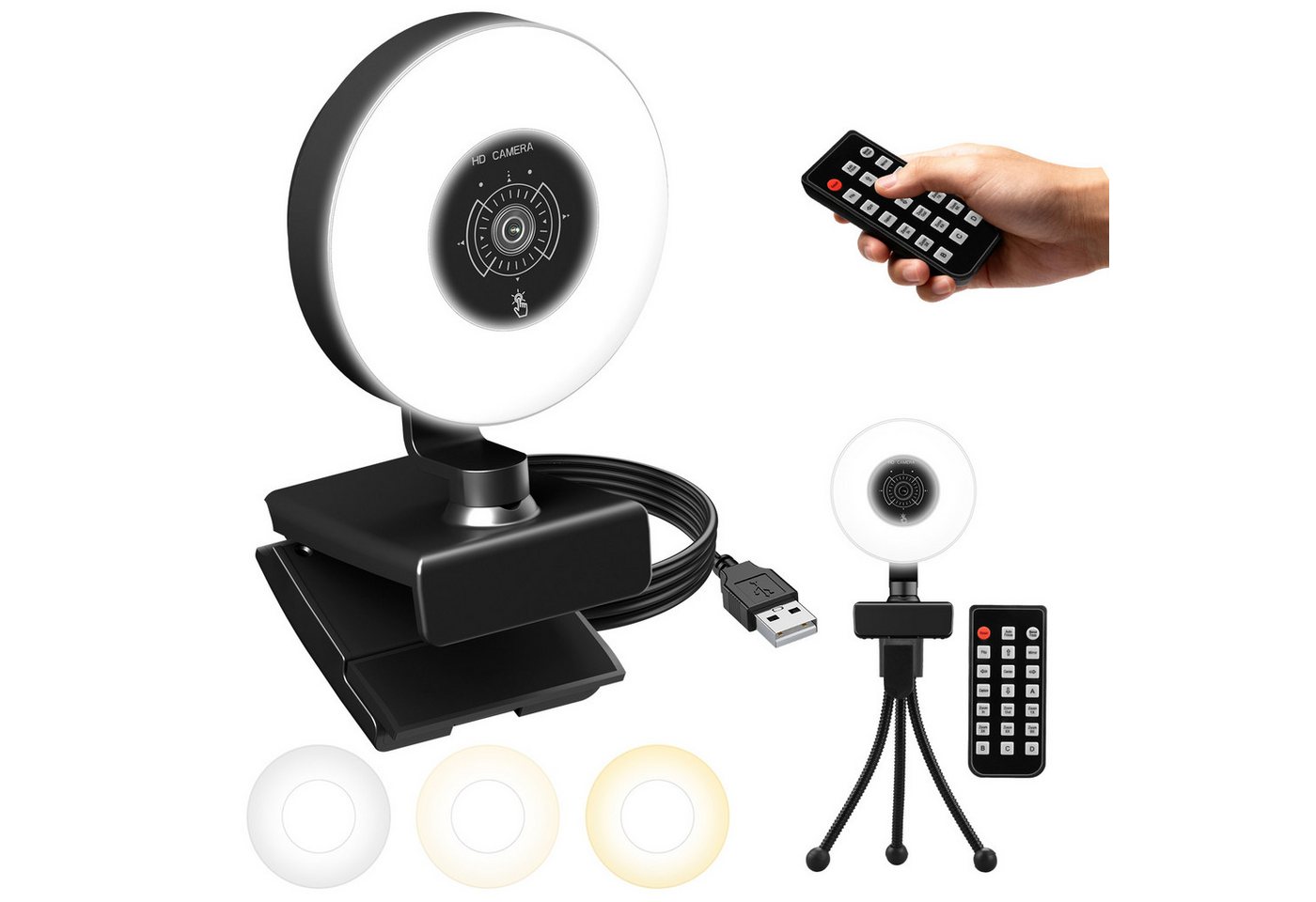 HS Onsing 4K Webcam mit Ringlicht PC Kamera Streaming Kamera 1080P 30FPS Webcam (4K Ultra HD, 9x opt. Zoom, Autofokus 3 Lichtsmodi stufenlose Einstellung mit Mikrofon Stativ)