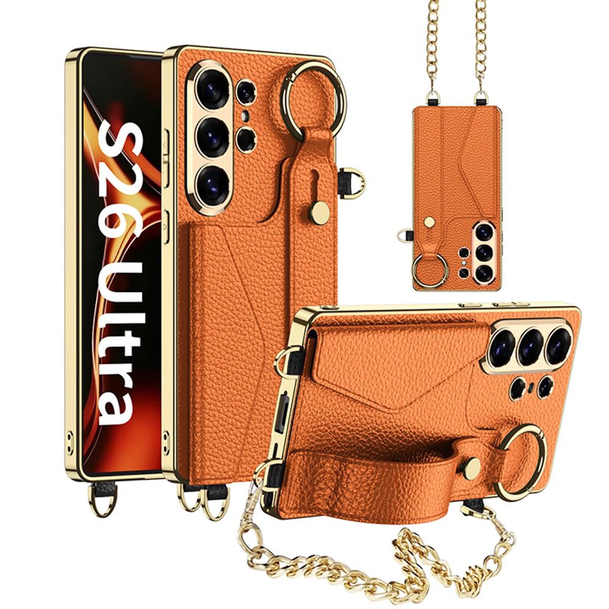 Wigento Handyhülle Armband Kette für Samsung Galaxy S26 Ultra 5G Leder Silikon Orange, Armband, 360 Grad Schutz
