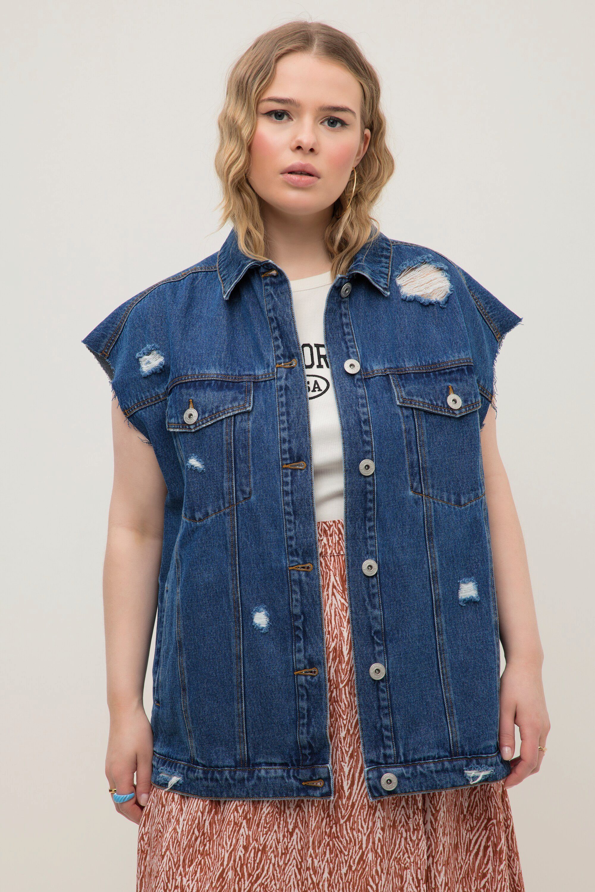 Jeansweste Studio oversized Untold Hemdkragen Destroy-Effekte Steppweste