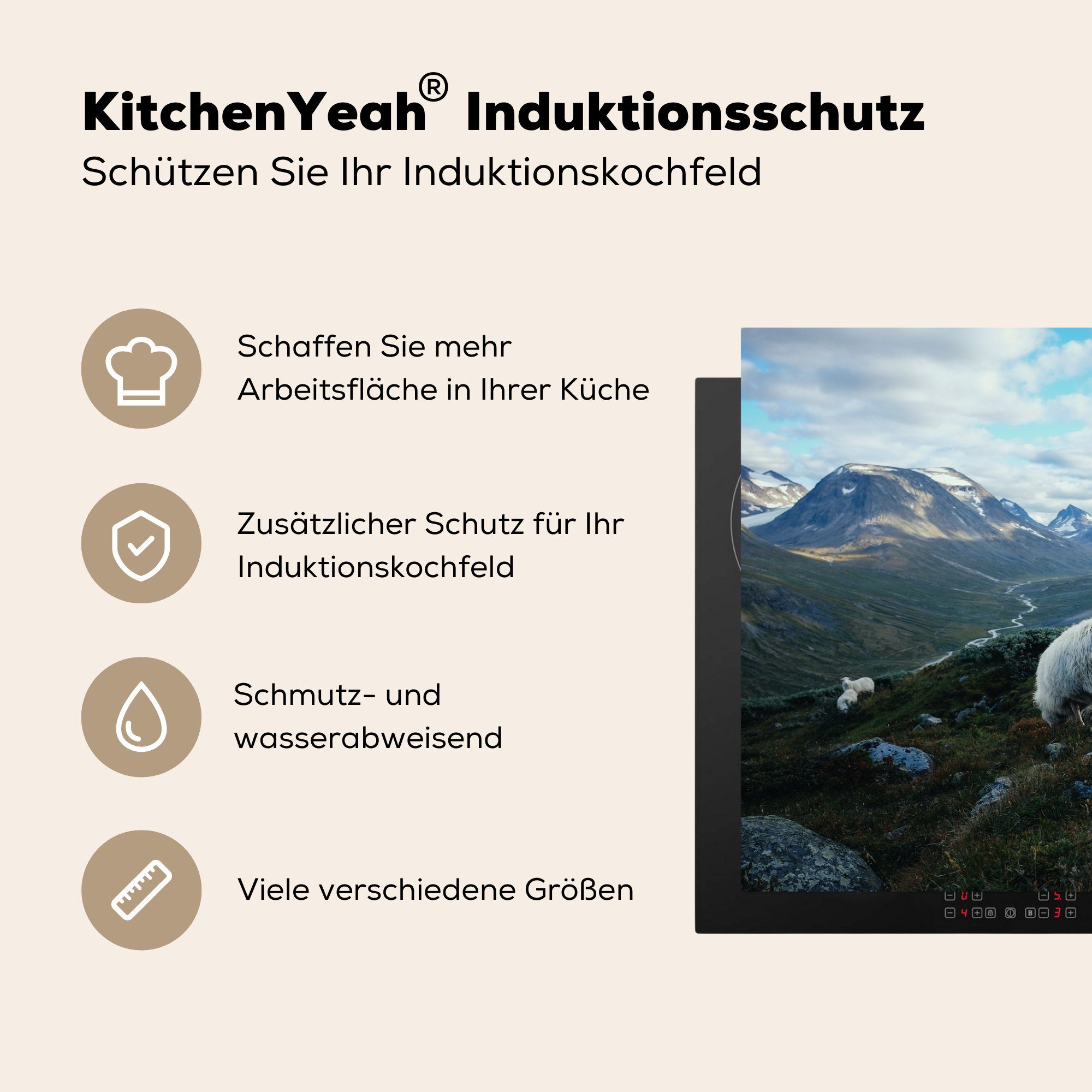Induktionskochfeld Schutz Vinyl, tlg), - Ceranfeldabdeckung Herdblende-/Abdeckplatte Natur 81x52 MuchoWow (1 Schafe - cm, für küche, die Berge,