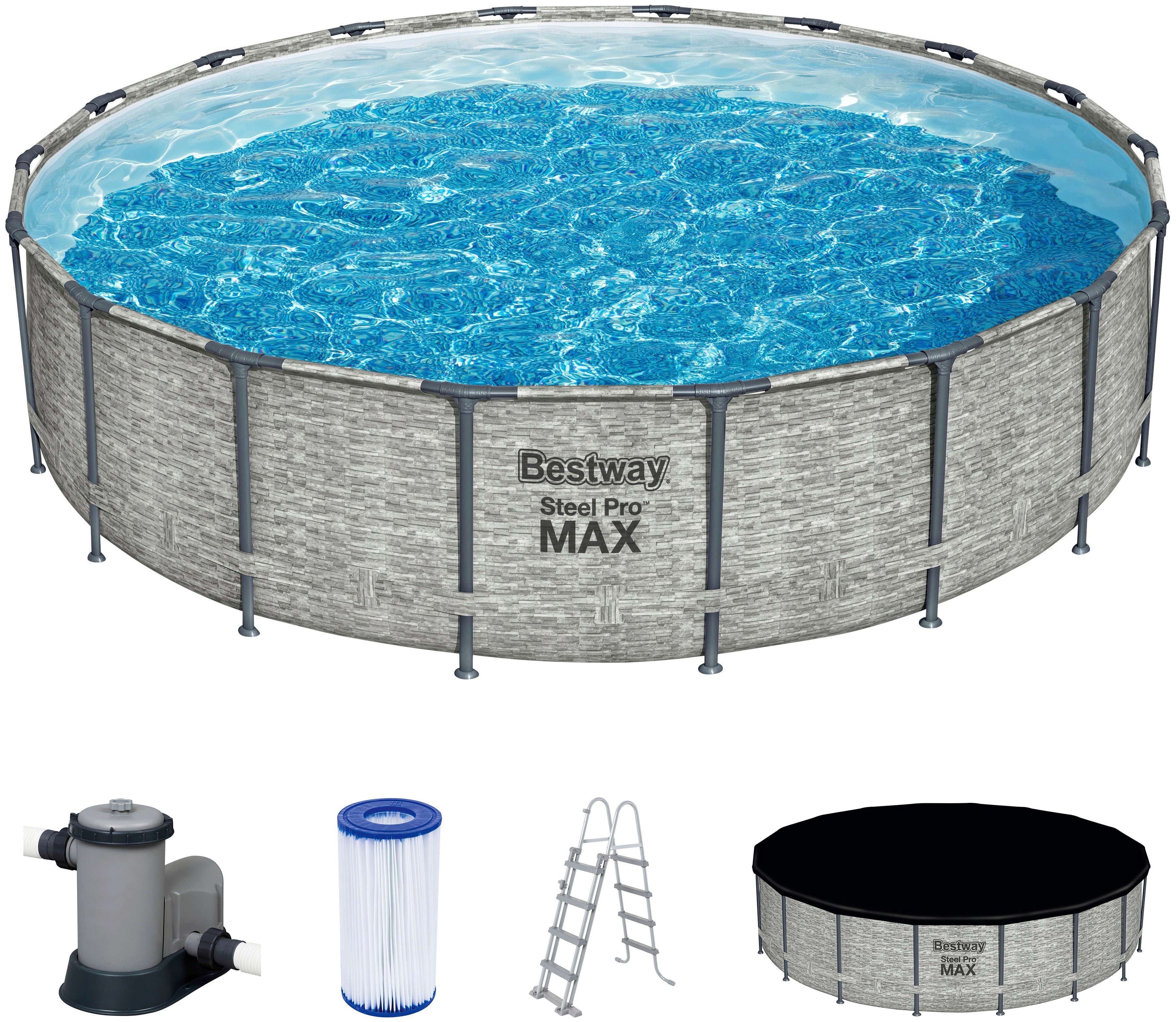 Bestway Framepool Steel Pro MAX™ (Komplett-Set), 5-tlg. Frame Pool mit  Filterpumpe Ø 549x122 cm