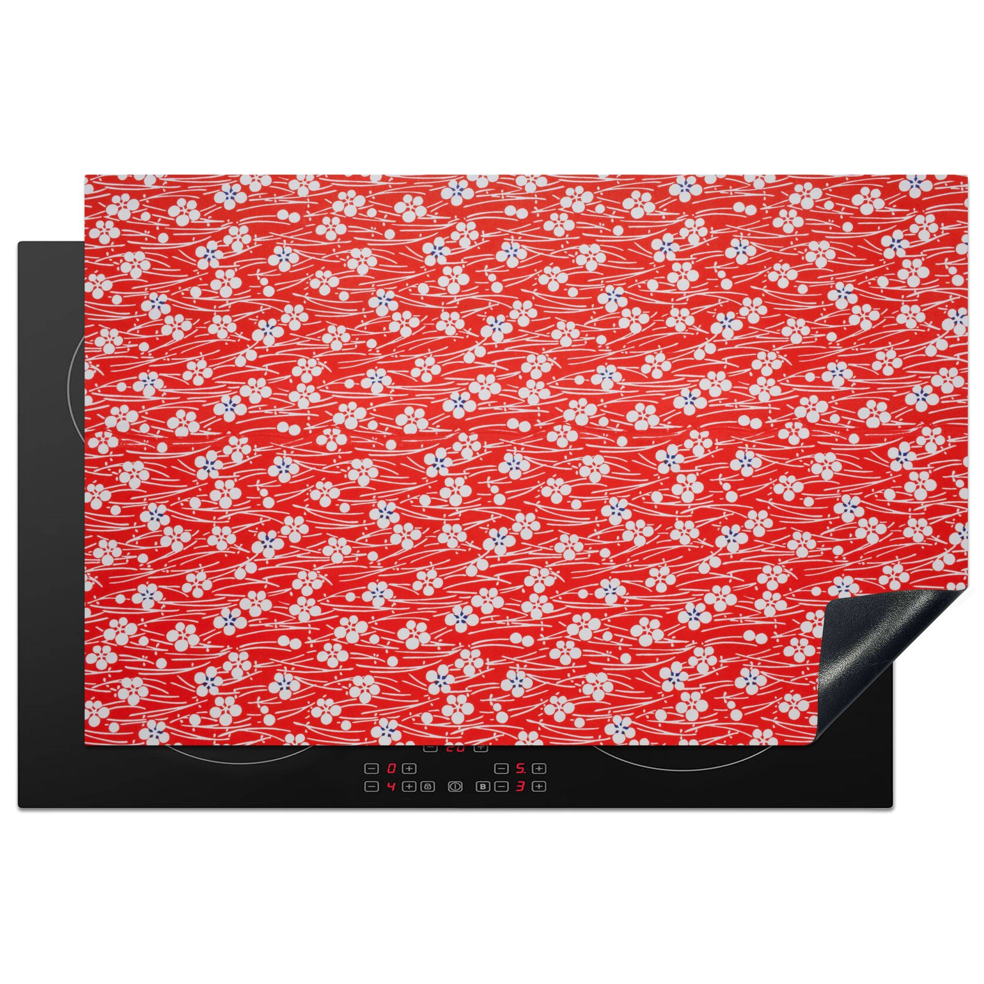 MuchoWow Herdblende-/Abdeckplatte Ein rotes und weißes Blumenmuster, Vinyl, (1 tlg), 81x52 cm, Induktionskochfeld Schutz für die küche, Ceranfeldabdeckung