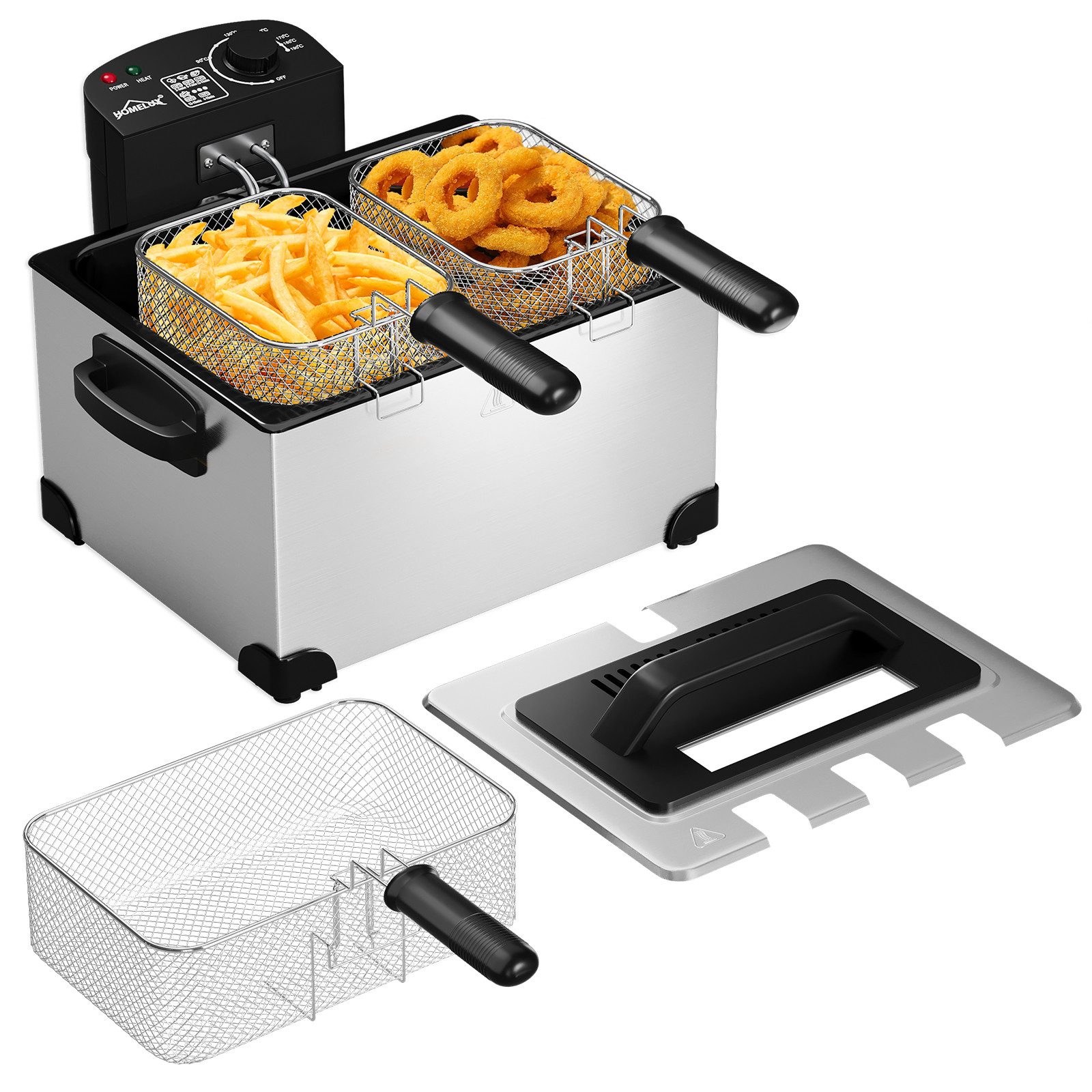 HOMELUX Fritteuse Doppel-Fritteuse, 5L, mit 3 Frittierkörben, 2000 W, Pommes & Snacks Friteuse, 0-190°C