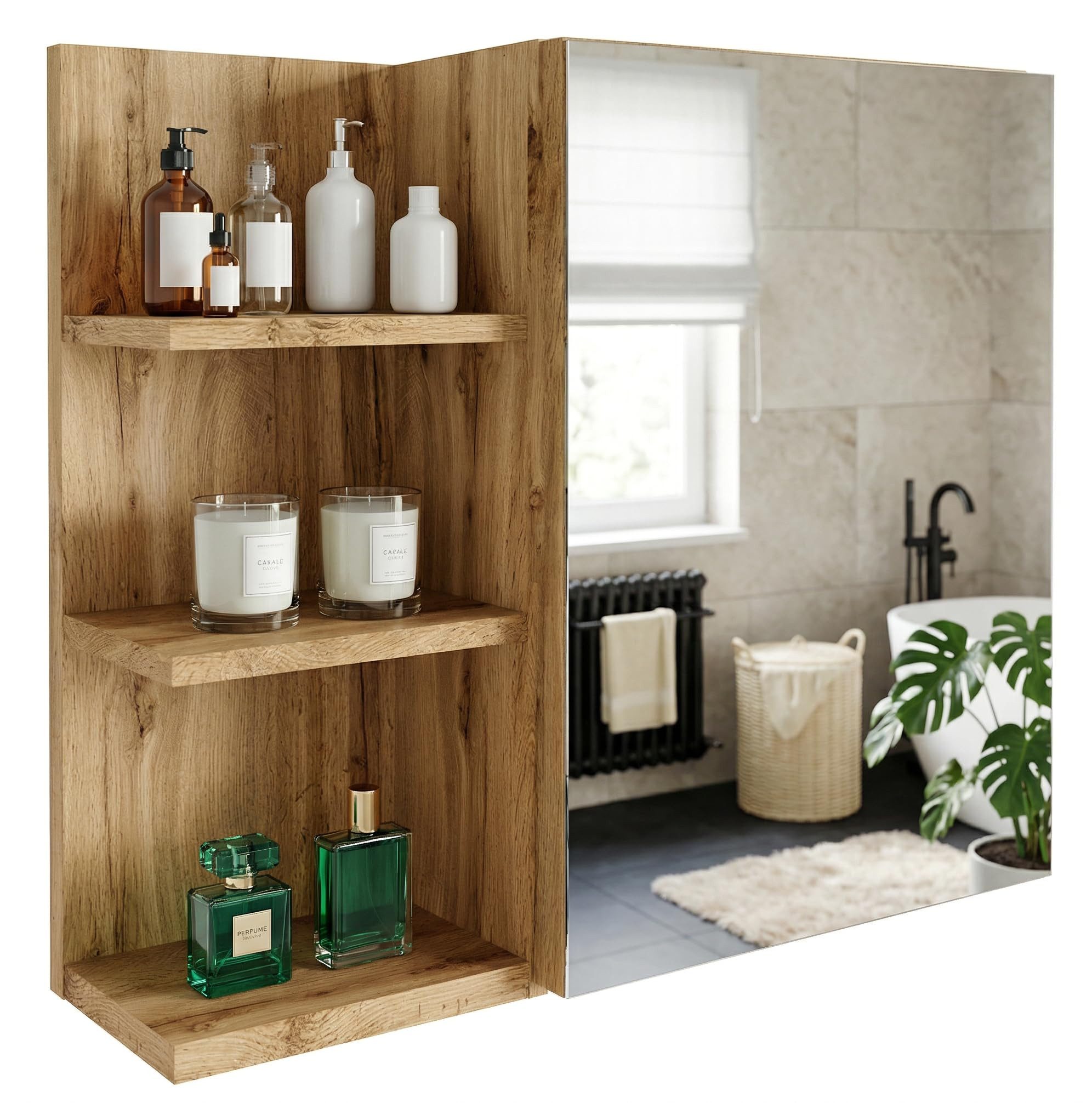 TREND WERK Spiegelschrank Badezimmer mit Ablage & Stauraum (59×16×50 cm Hängender Badezimmerschrank zur Wandmontage mit Regal) – modern & pflegeleicht