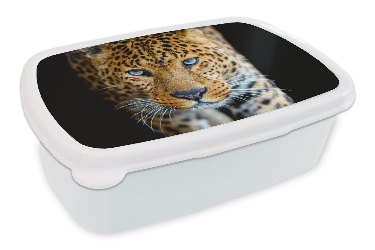 MuchoWow Lunchbox Leopard - Tiere - Porträt - Wildtiere - Schwarz, Kunststoff, (2-tlg), Brotbox für Kinder und Erwachsene, Brotdose, für Jungs und Mädchen weiß