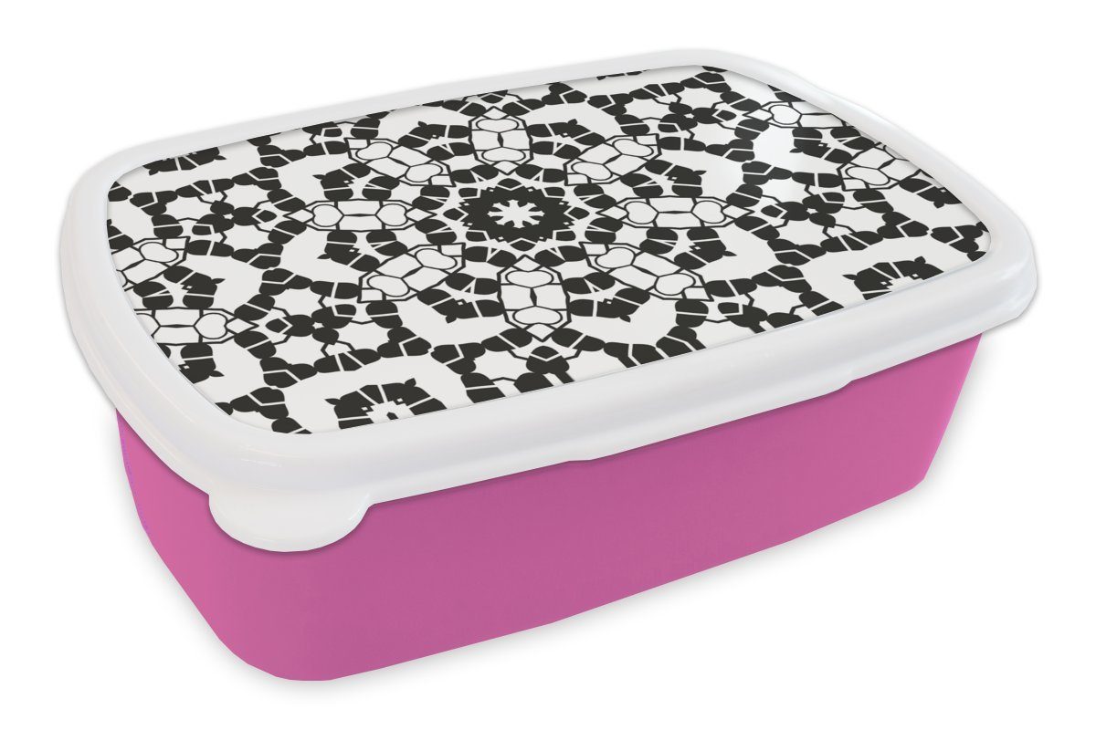 MuchoWow Lunchbox Mandala - Schwarz und Weiß - Muster, Kunststoff, (2-tlg), Brotbox für Erwachsene, Brotdose Kinder, Snackbox, Mädchen, Kunststoff rosa