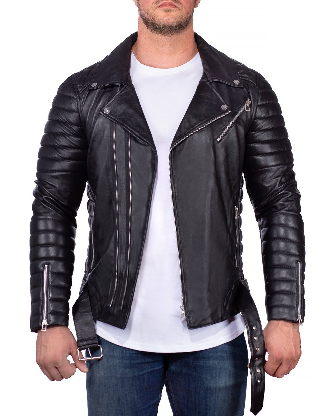 Reichstadt Lederjacke Herren Echtleder-und Kunstleder Jacke RS001 (1-St) im Bikerstyle mit Silver Zippern