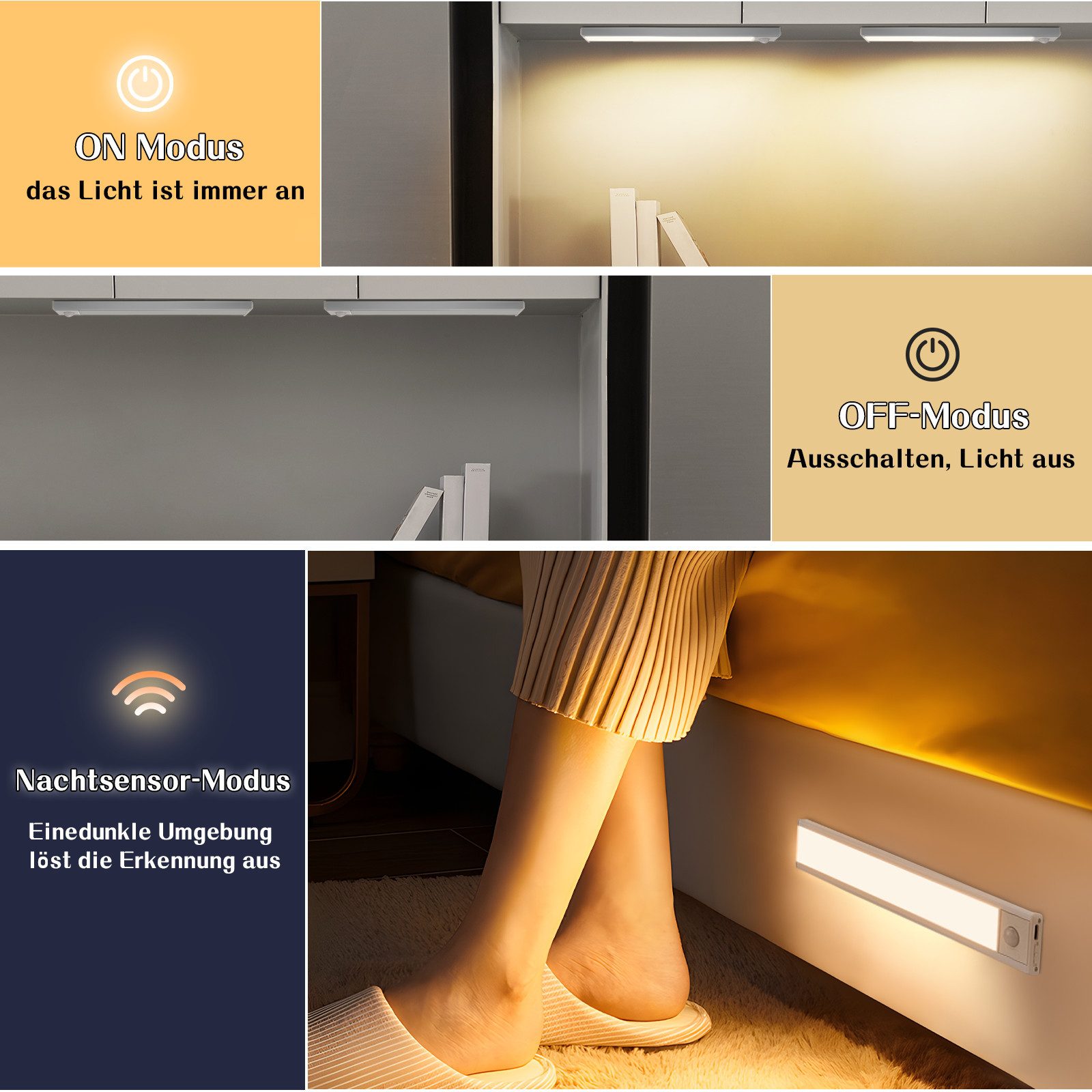 Nettlife LED Unterbauleuchte Bewegungsmelder dimmbar 20/30/40 cm wählbar USB Schrankbeleuchtung, LED fest integriert, 3 Farbtemperatur Aufladbar Schrankleuchte  – Bild 4 von 5
