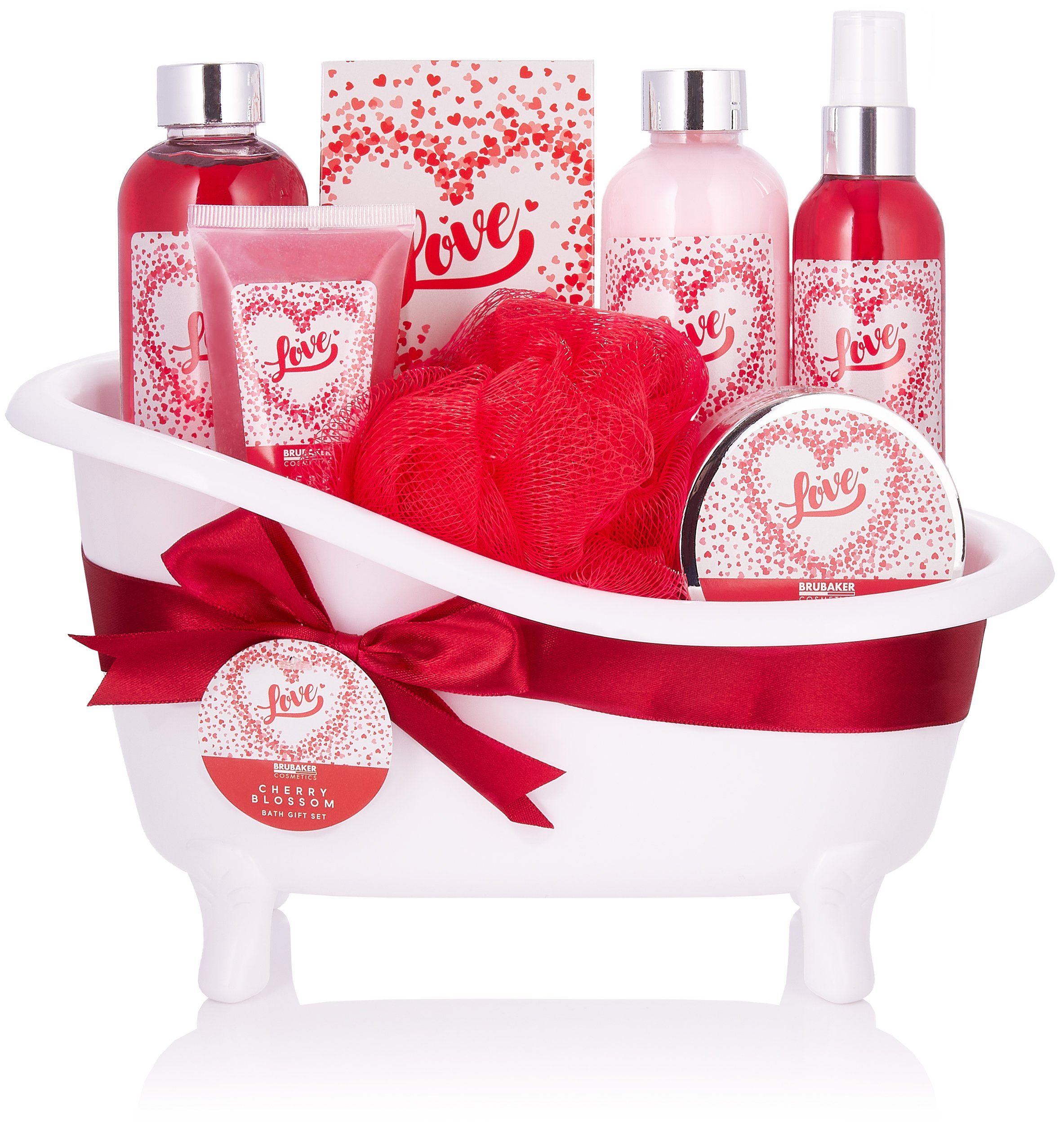 BRUBAKER Pflege-Geschenkset Love Geschenkset für Frauen mit Kirschblüten Duft, Weiß Rot, 8-tlg., Beauty Dusch- und Badeset für Damen, Wellness Pflegeset in Badewanne