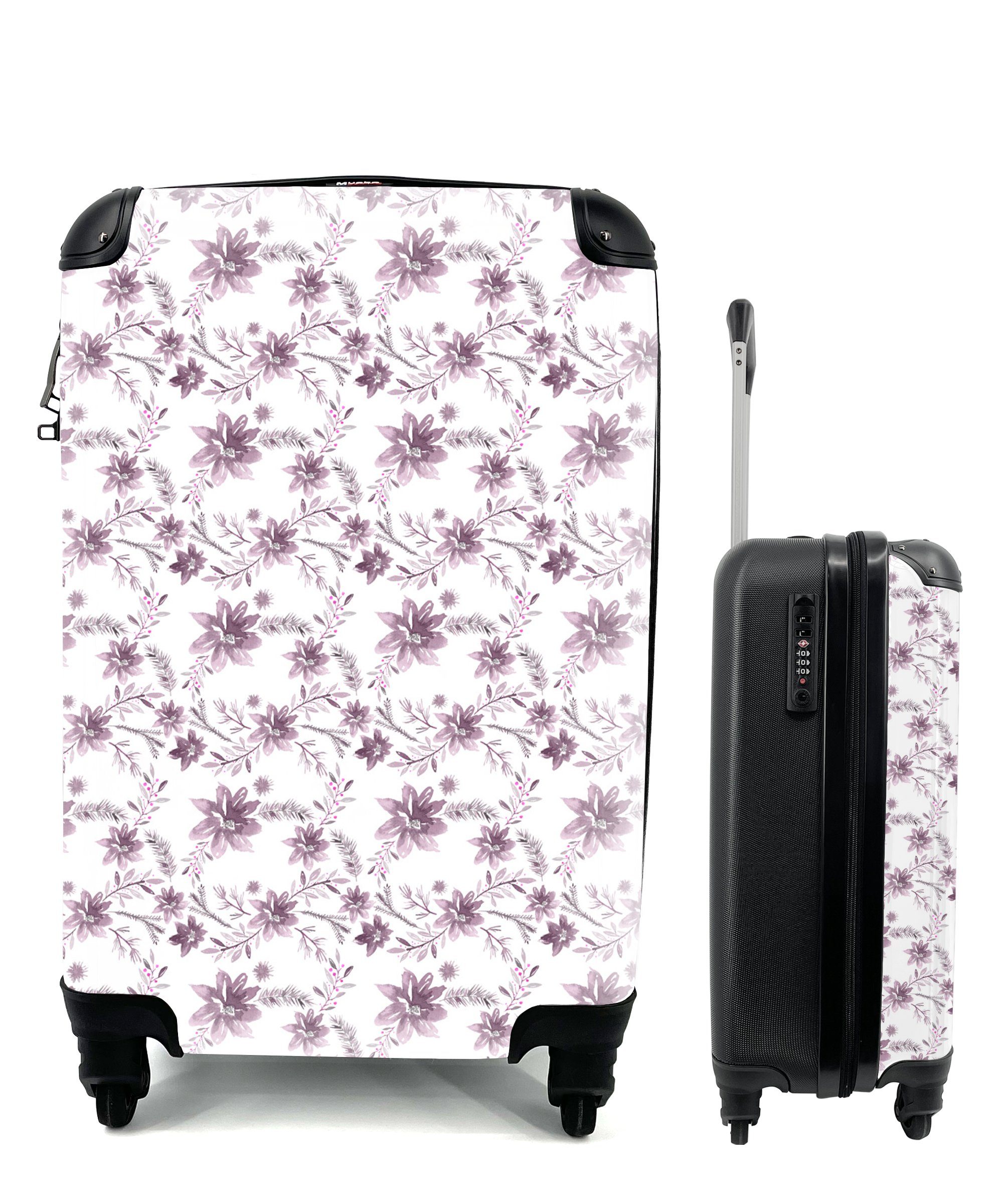 MuchoWow Handgepäckkoffer Blumen - Lila - Weiß, 4 Rollen, Reisetasche mit rollen, Handgepäck für Ferien, Trolley, Reisekoffer