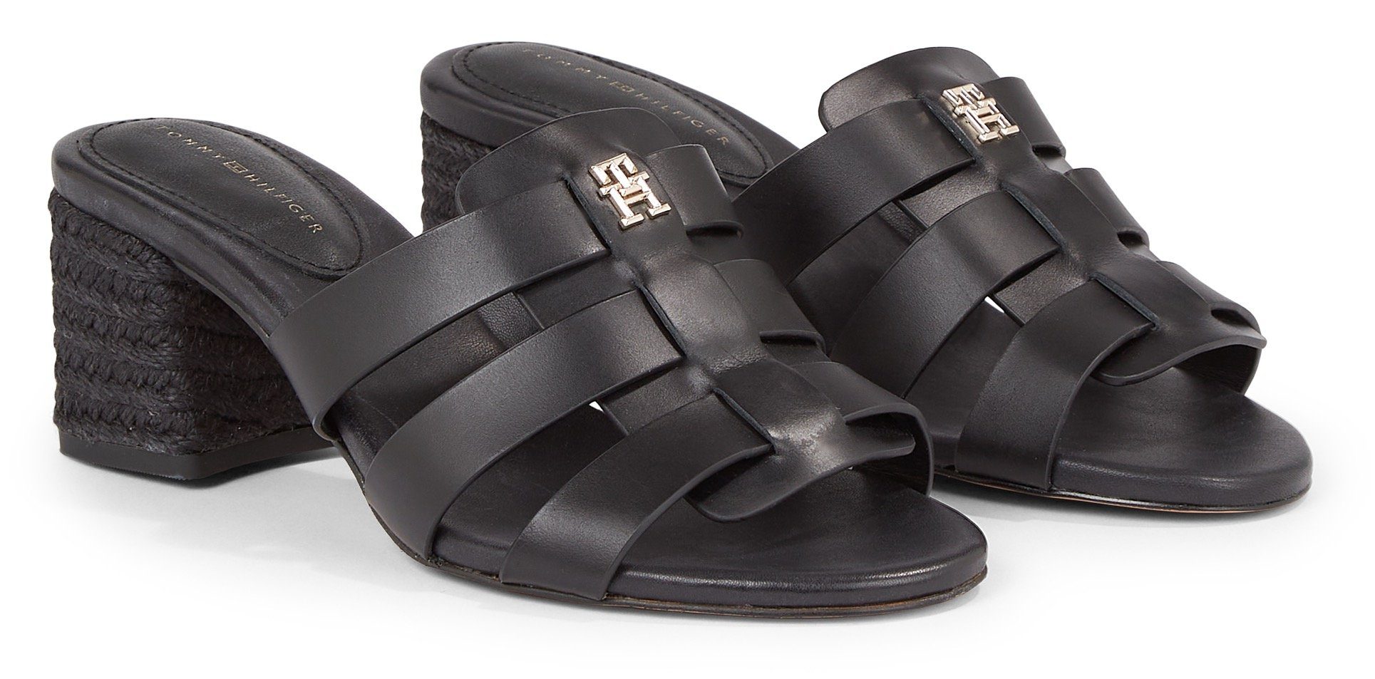 Tommy Hilfiger BLOCK MID HEEL LEATHER SANDAL Pantolette, Blockabsatz, Sommerschuh, Schlappen mit geflochtener Bandage