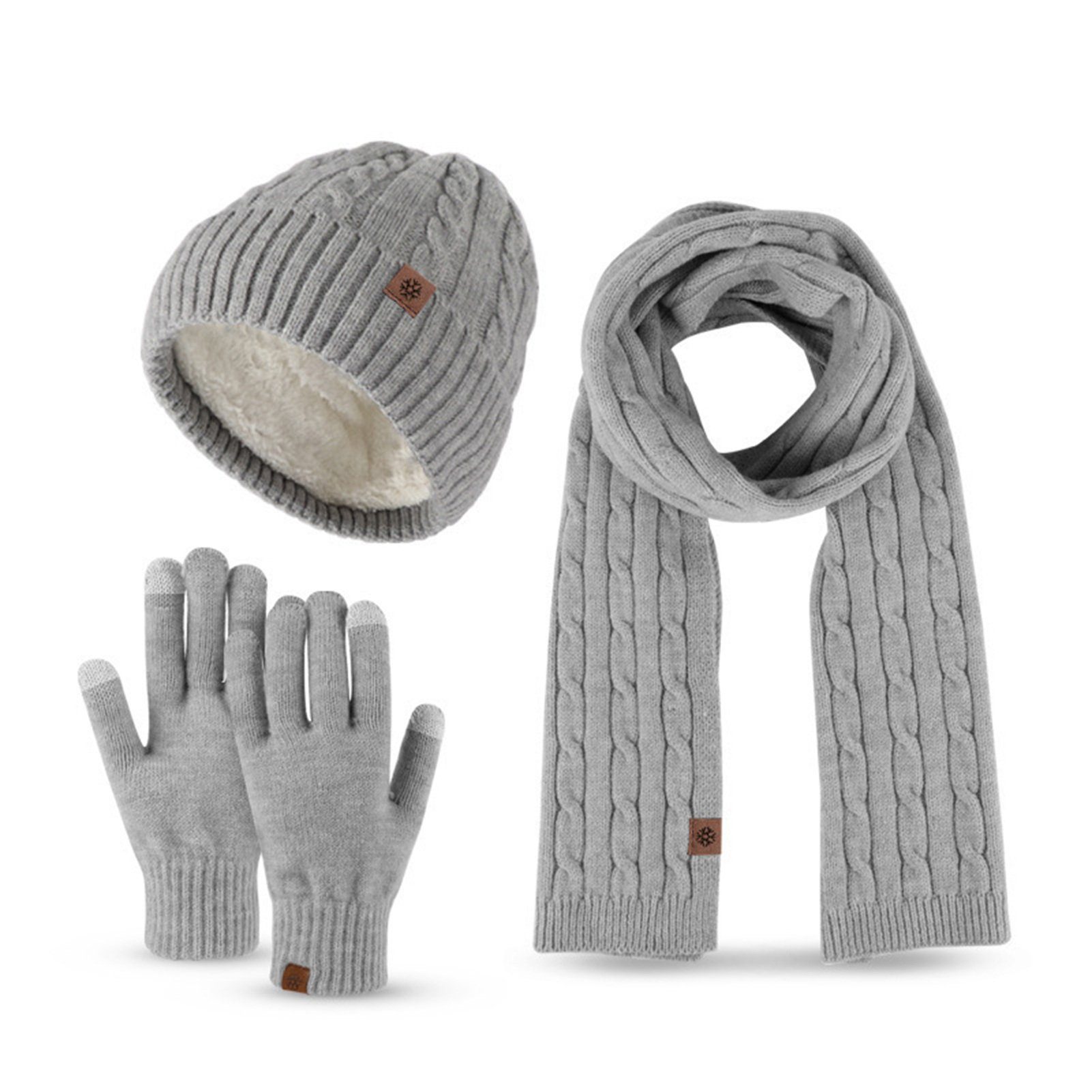 Rutaqian Beanie Winter Warm Beanie Mütze Schal und Touchscreen Handschuhe Set (Der Durchmesser des Hutes beträgt 22,5 cm, was etwas größer sein wird, Dreiteiliges, kältebeständiges, warmes Fleece-Set für den Außenbereich) für Herren und Damen (große Größe) Hellgrau