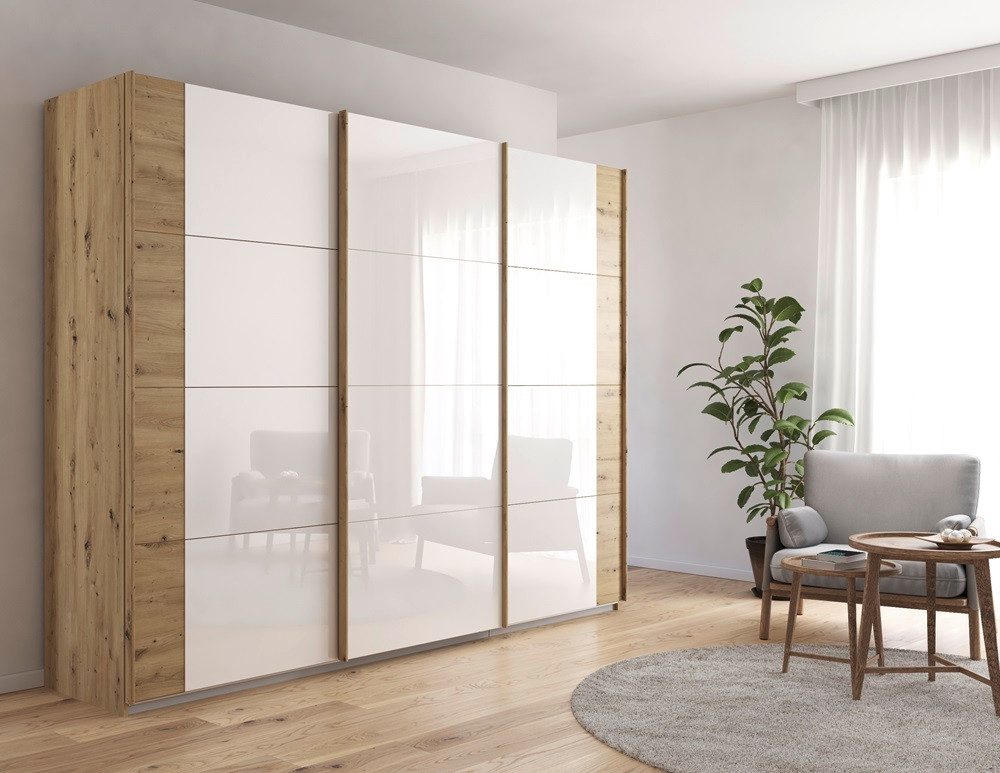 Rauch Möbel Kleiderschrank Schwebetürenschrank Artemis, mit Glastüren, Eiche Artisan / weiß Schwebetürenschrank, Schrank, Kleiderschrank, Breite 275 cm
