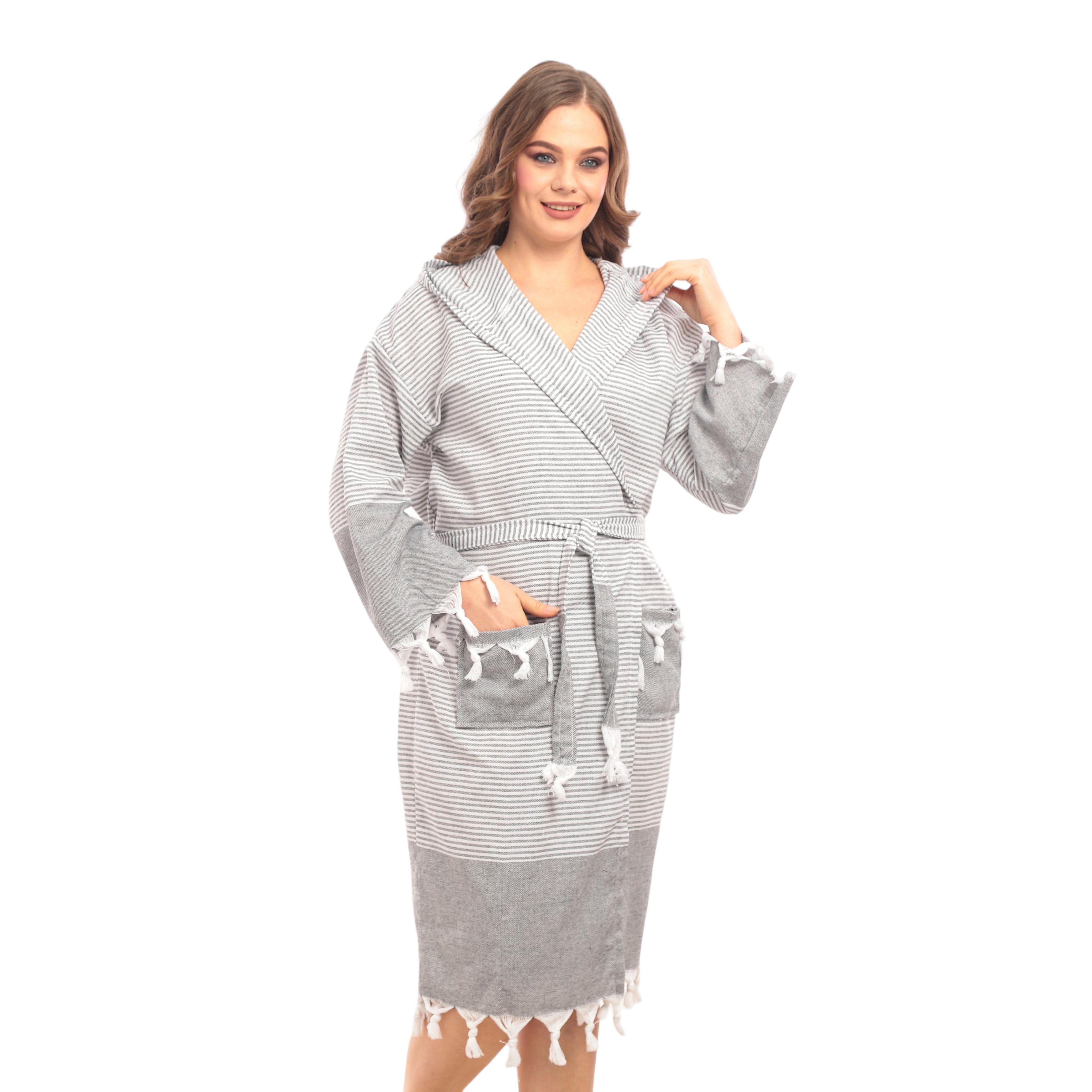 herémood Bademantel herémood Bademantel Damen & Herren Unisex – Weich & Leicht, Langform, 100% Baumwolle, mit Kapuze, & Gürtel, Hamamtuch-Stil mit Taschen – Ide – Bild 3 von 5