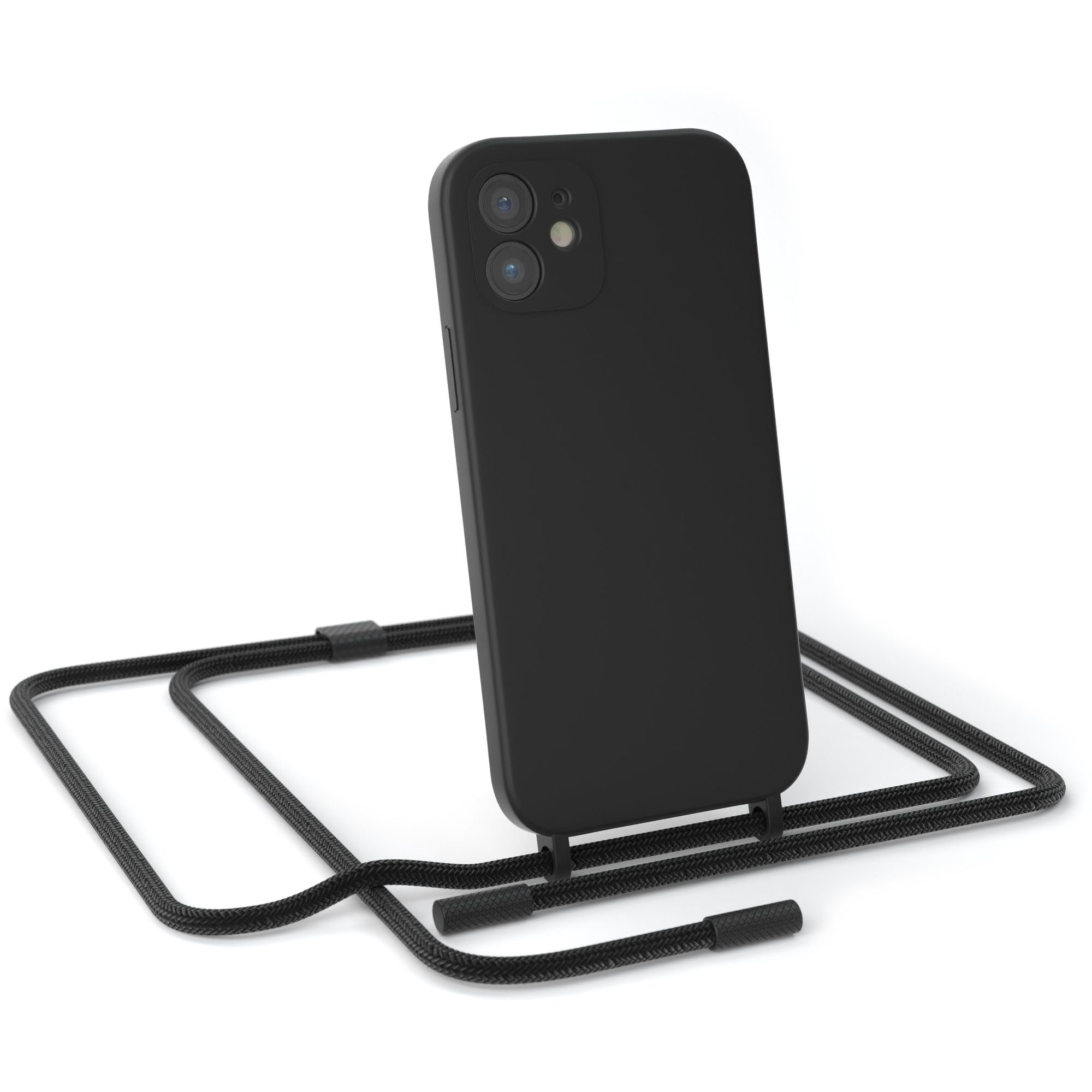 EAZY CASE Handykette Runde Kette für Apple iPhone 12 6,1 Zoll, Smartphonekette Cross Bag Silikonhülle Umhängetasche Necklace Schwarz